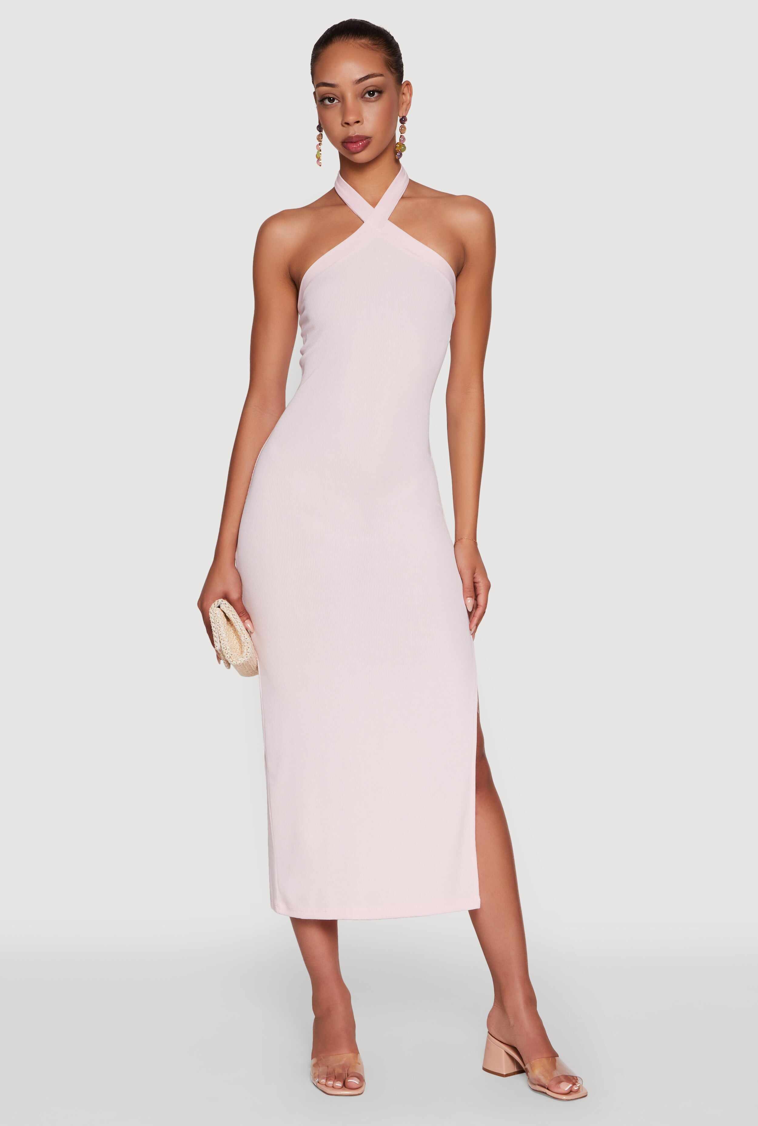 Ribbed Knit Bodycon Halter Dress with Side Slit