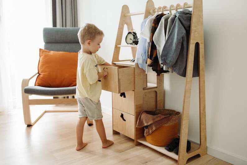 Children wardrobe Montessori clothing rack Wooden clothing rack Wood frame rack Toddler wardrobe Clothing rack with drawers Kids furniture