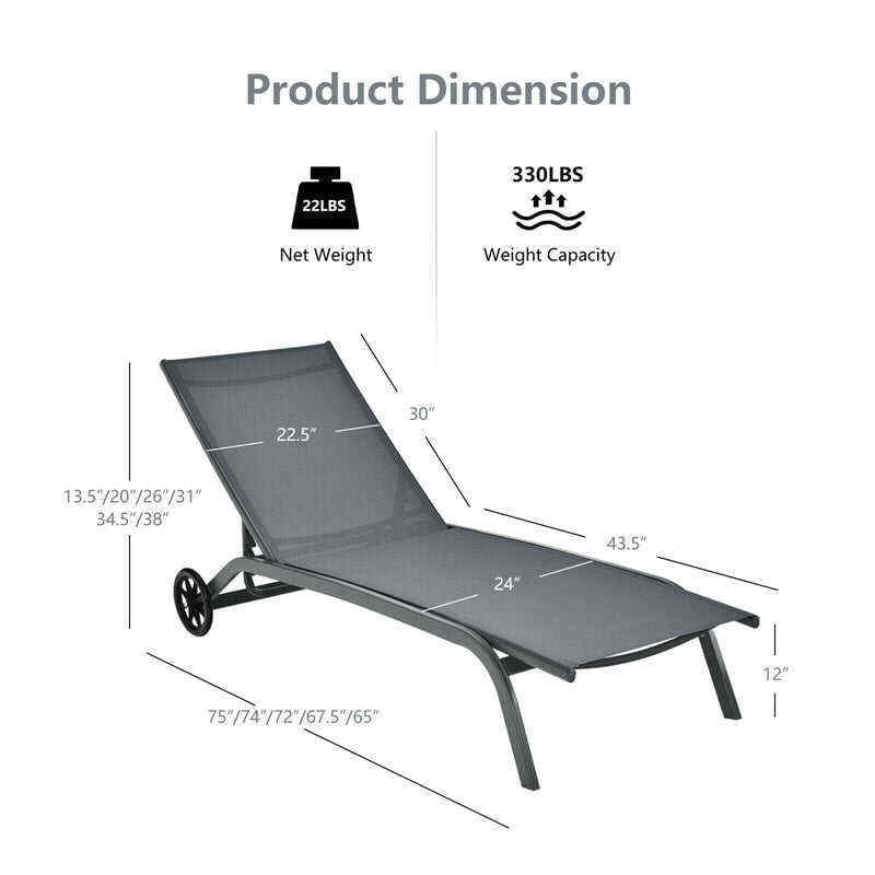 Outdoor Chaise Lounge Chair 6-Position Adjustable Patio Recliner Chair with Wheels for Backyard Pool