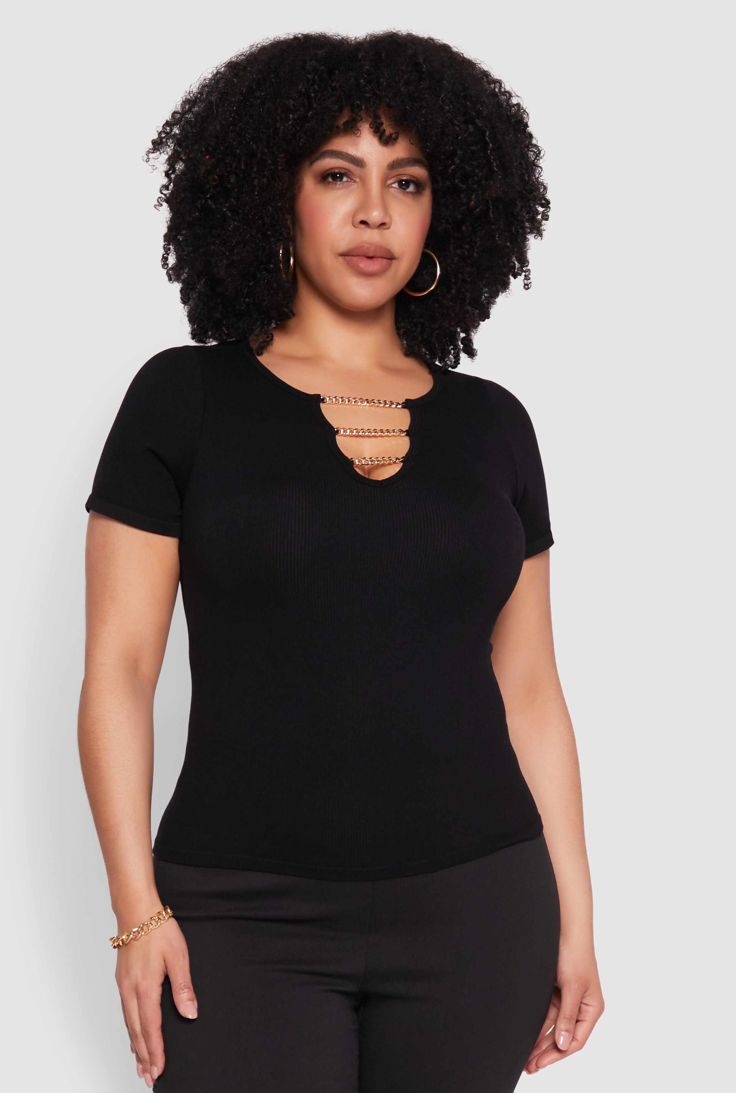 Plus Size Seamless Rib Knit Chain Keyhole Tee