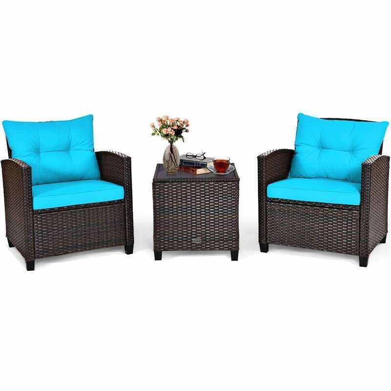 3 Pieces Patio Rattan Furniture Set Outdoor Wicker Conversation Set with Washable Cushion and Coffee Table