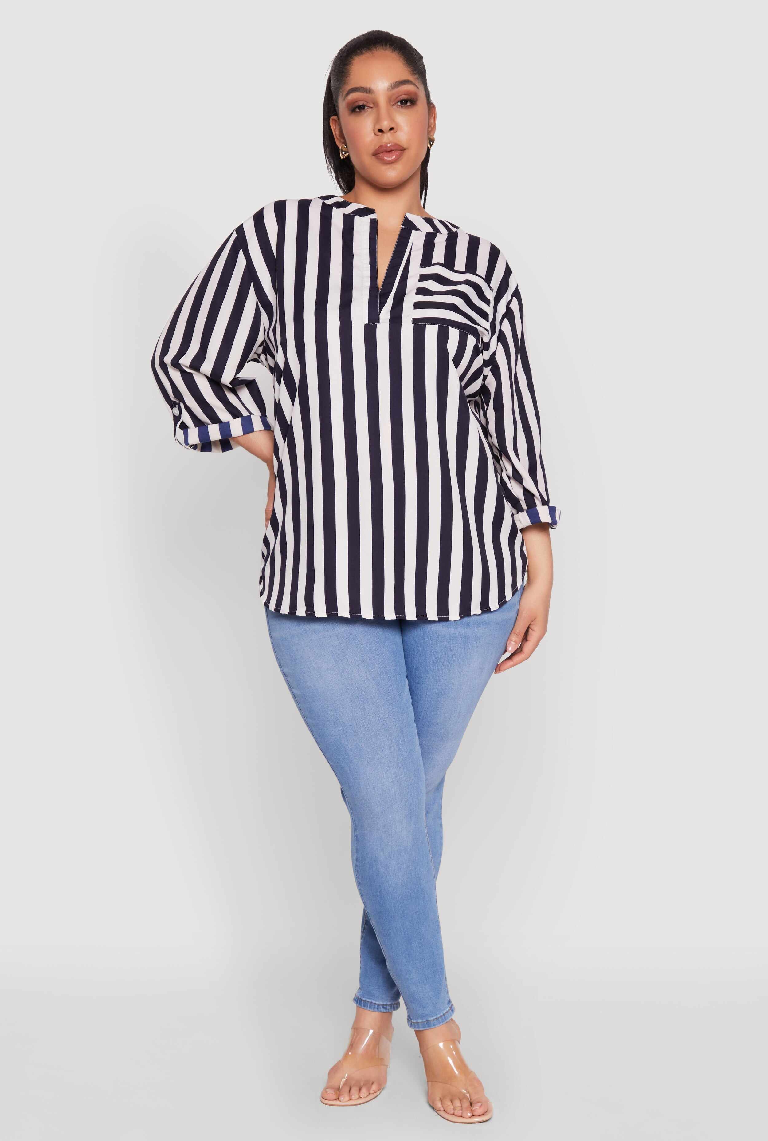 Plus Size Striped Notch Neck Blouse