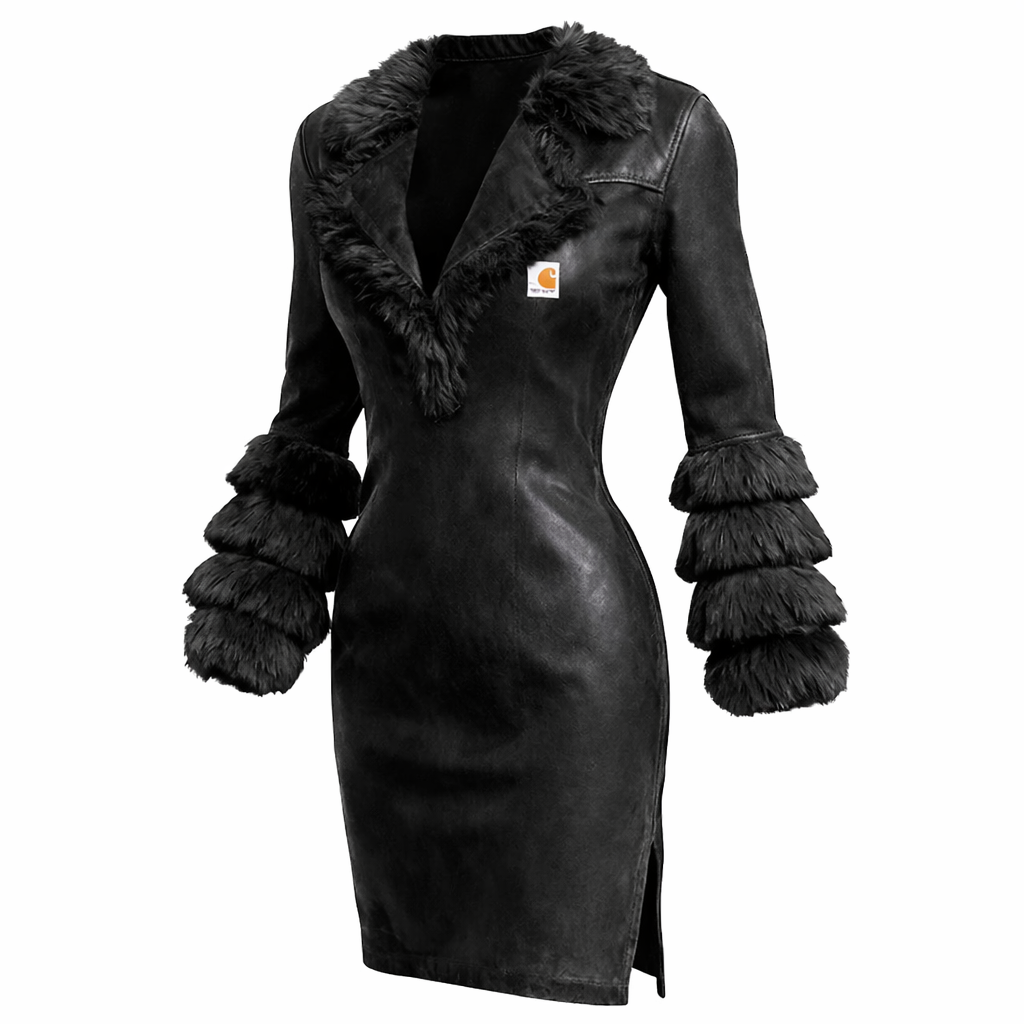 Women's Vintage Brown Leather Fur Lapel Long Sleeve Dress