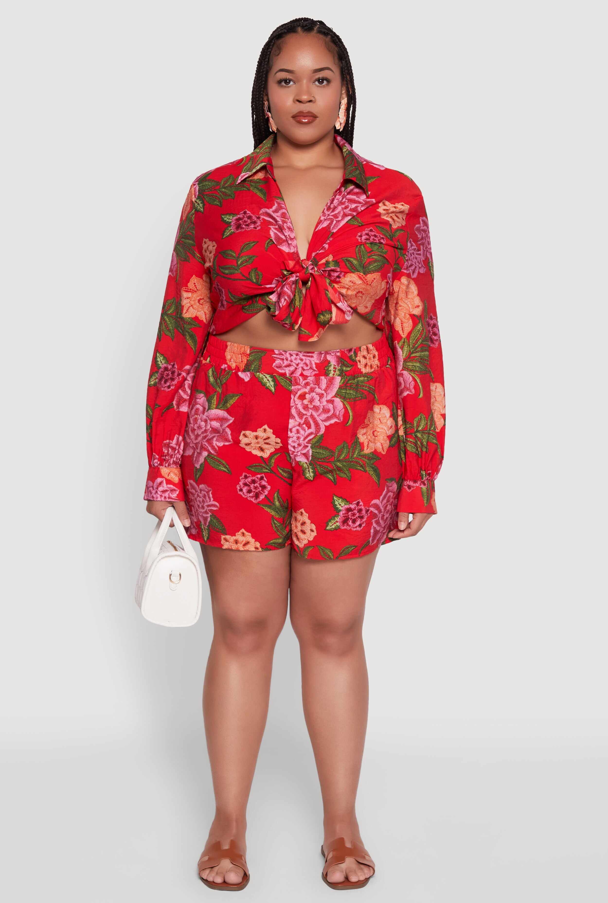 Plus Size Floral High Waisted Pull On Shorts