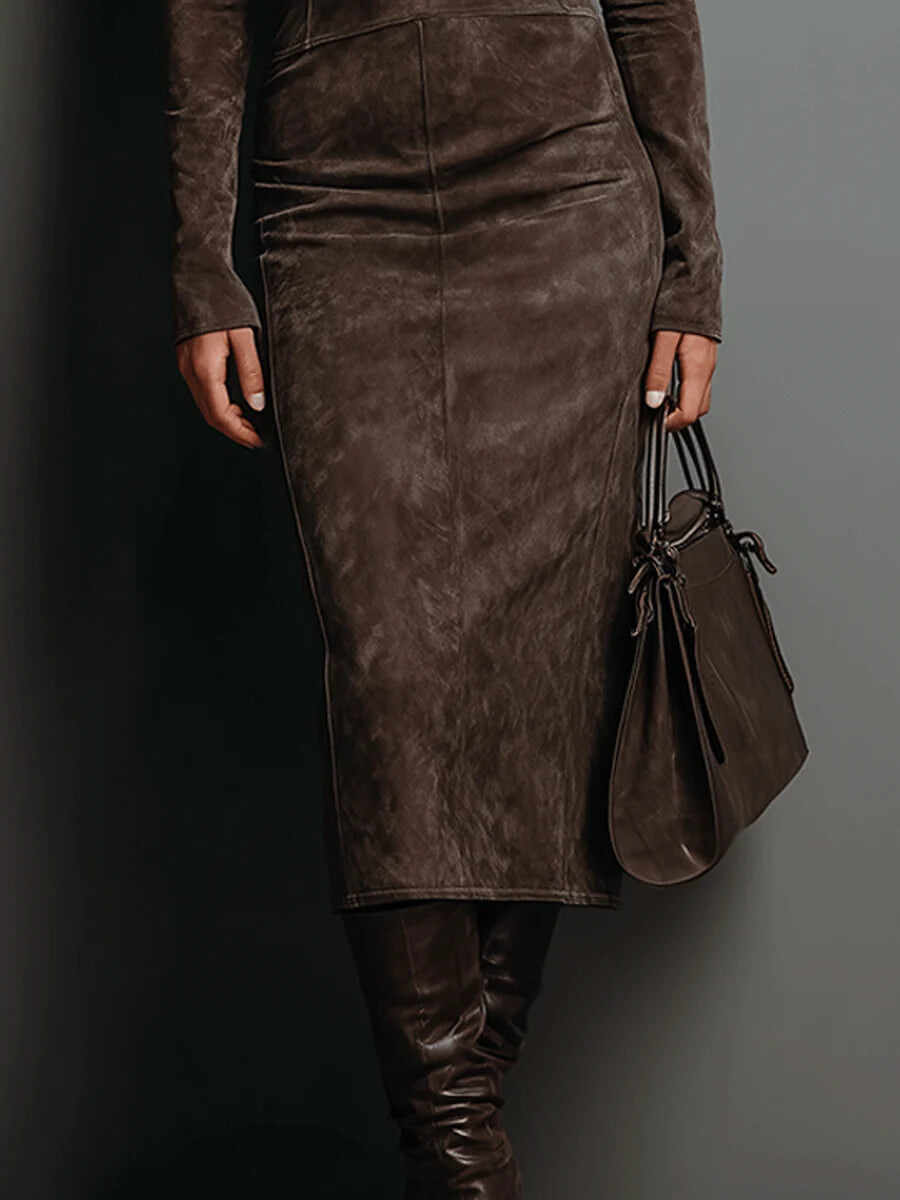 High Neck Long Sleeve Suede Midi Dress