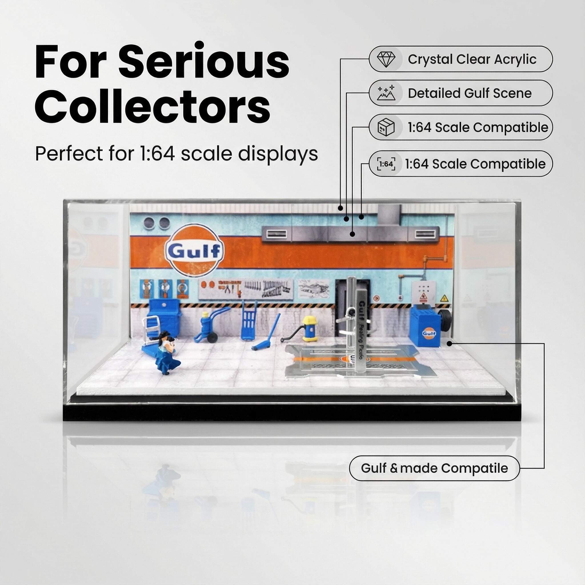 1:64 Scale Classic Oil Service Garage Diorama Display Case – Vintage Workshop Scene for Diecast Cars