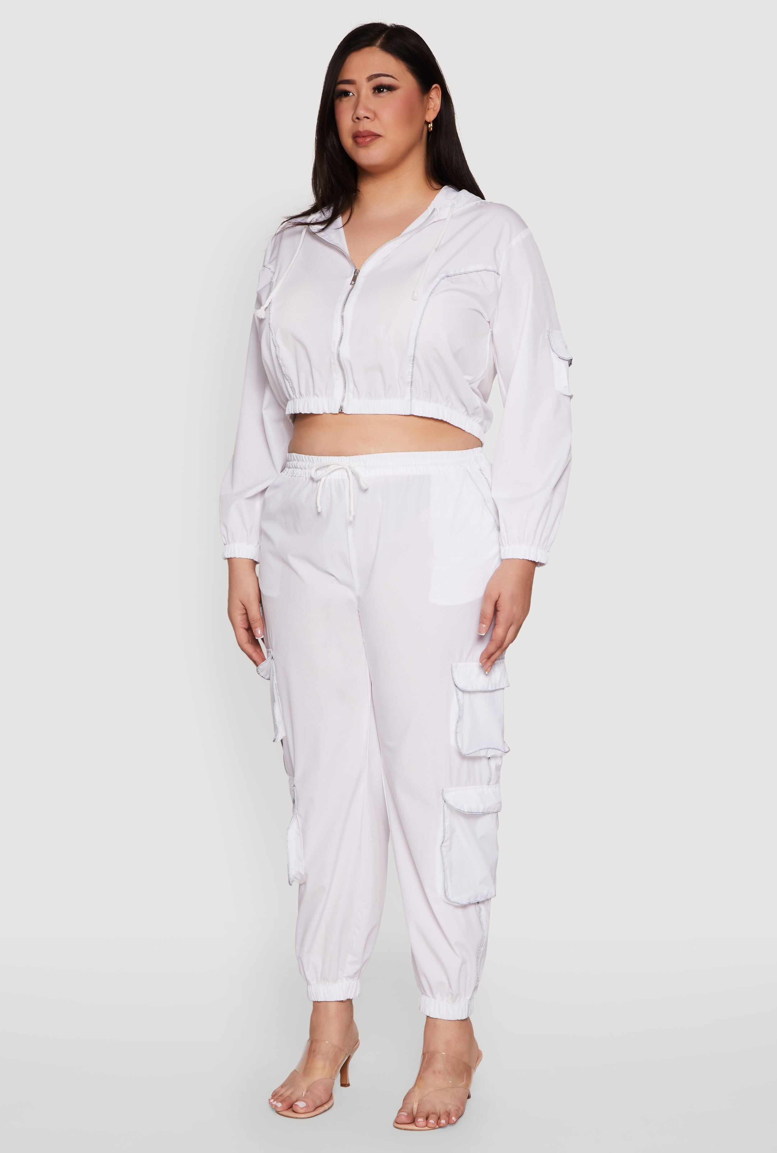 Plus Size Cargo Pocket Sleeve Cropped Track Jacket
