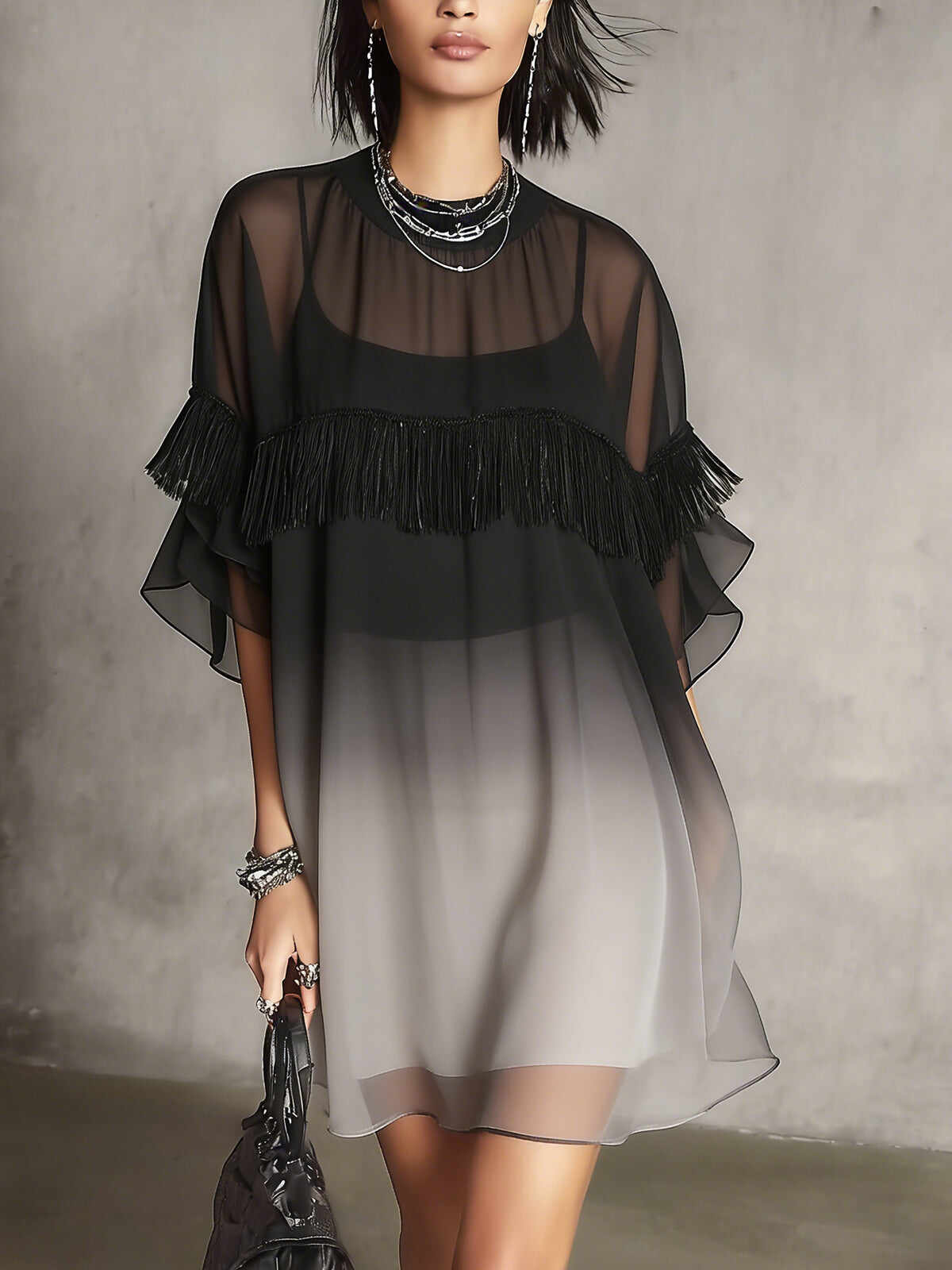Black Ombre Sheer Fringe Detail Floaty Mini Dress