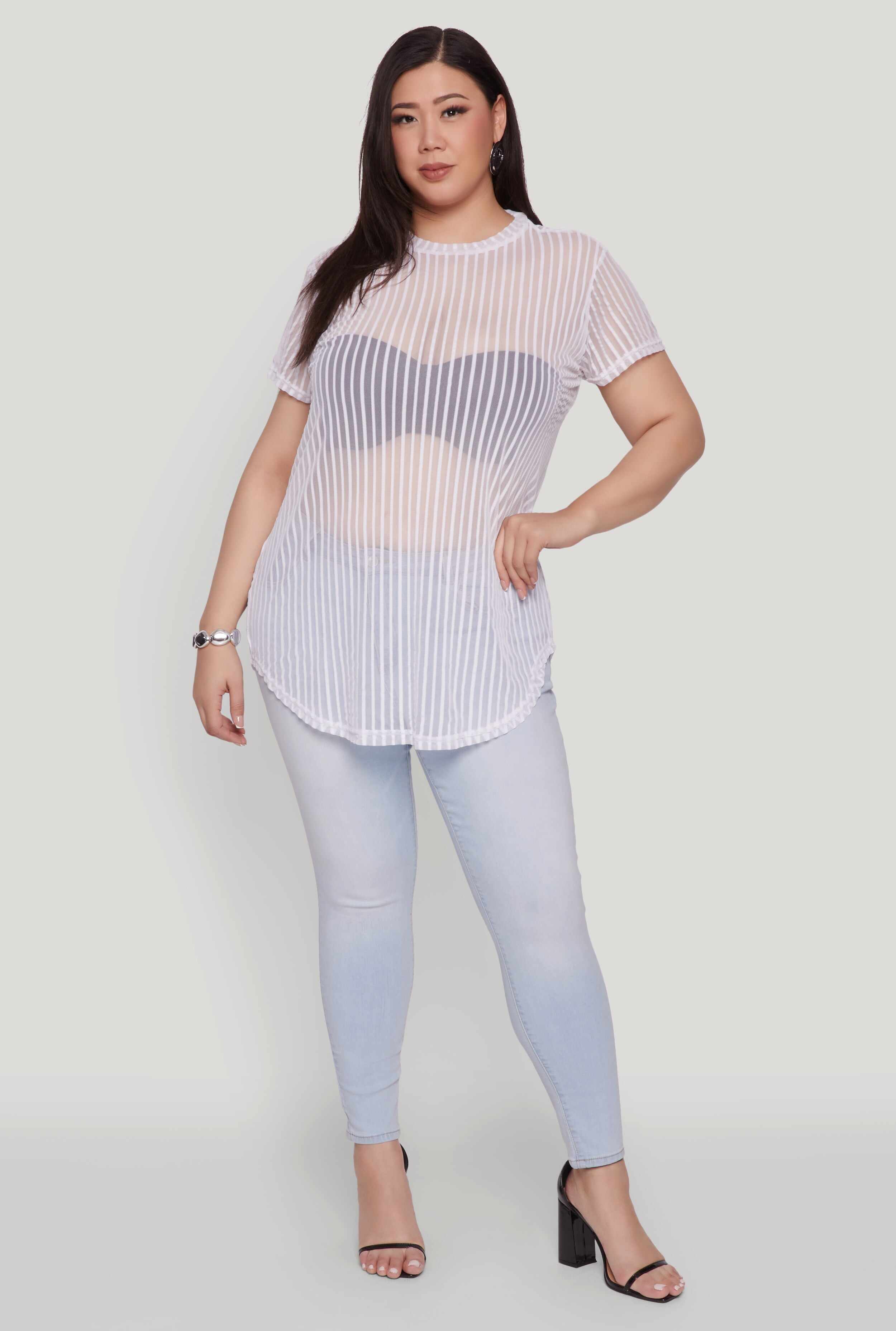 Plus Size Shadow Stripe Mesh Top