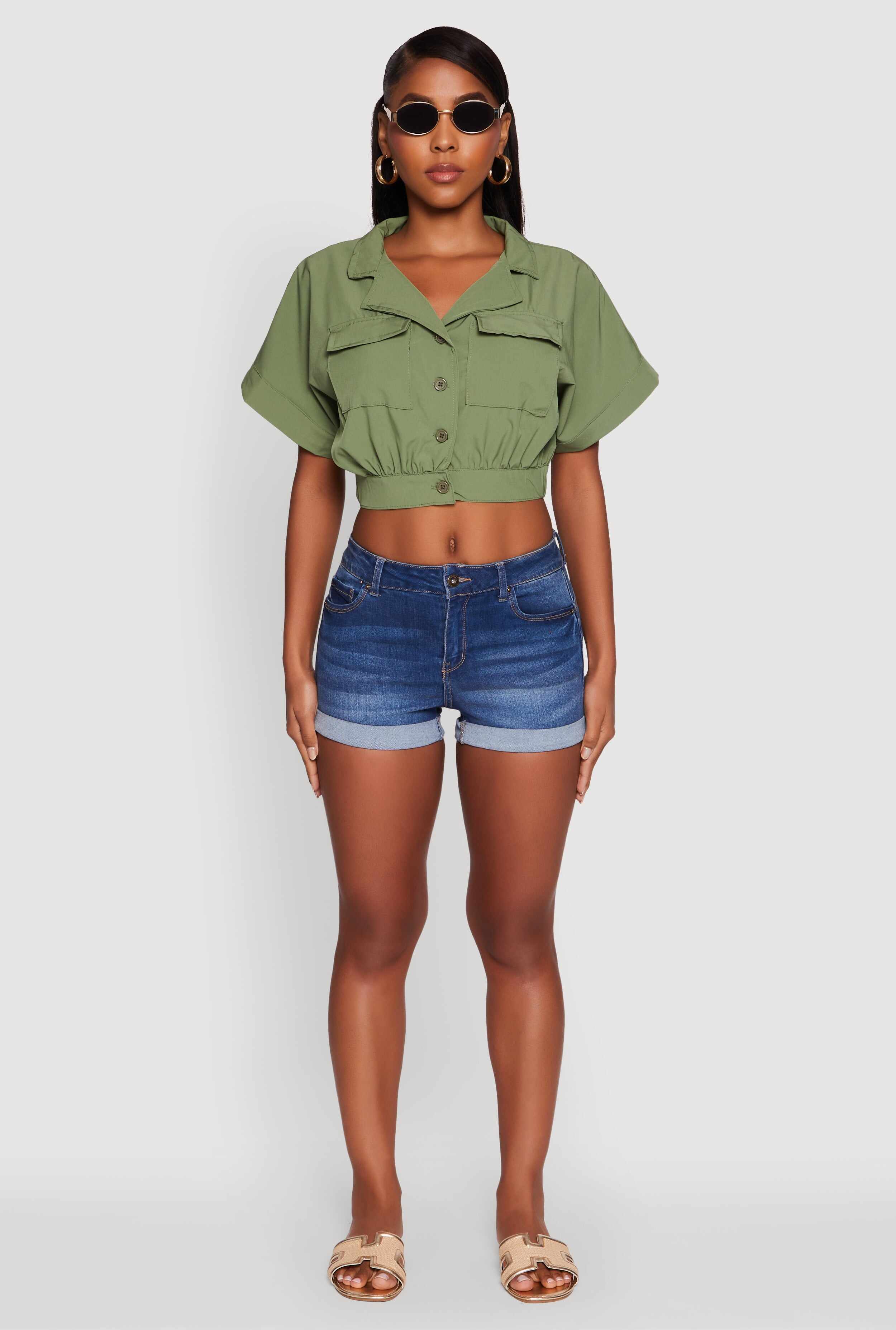 Dolman Sleeve Button Front Shirt Collar Crop Top