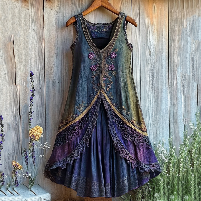 Vintage Purple Floral Lace Gradient Art Comfy Tank Dress