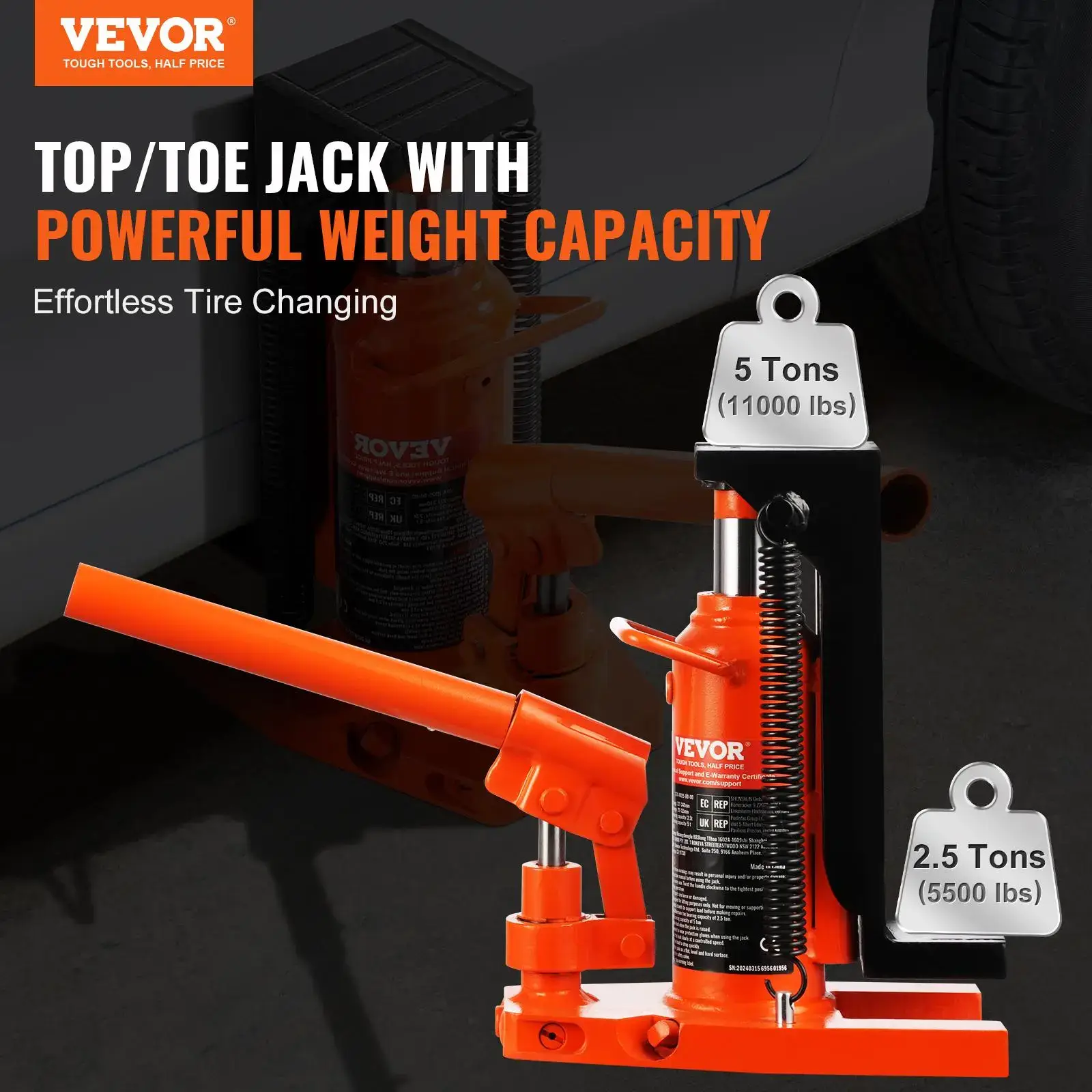 Hydraulic Toe Jack, 2.5 Ton On Toe Toe Jack Lift, 5 Ton On Top Lift Capacity Machine Jack, 0.8-5.3 in Toe Height, 8.9-13.4 in Top Height, Air Hydraulic Claw Jack for Machinery, Industry