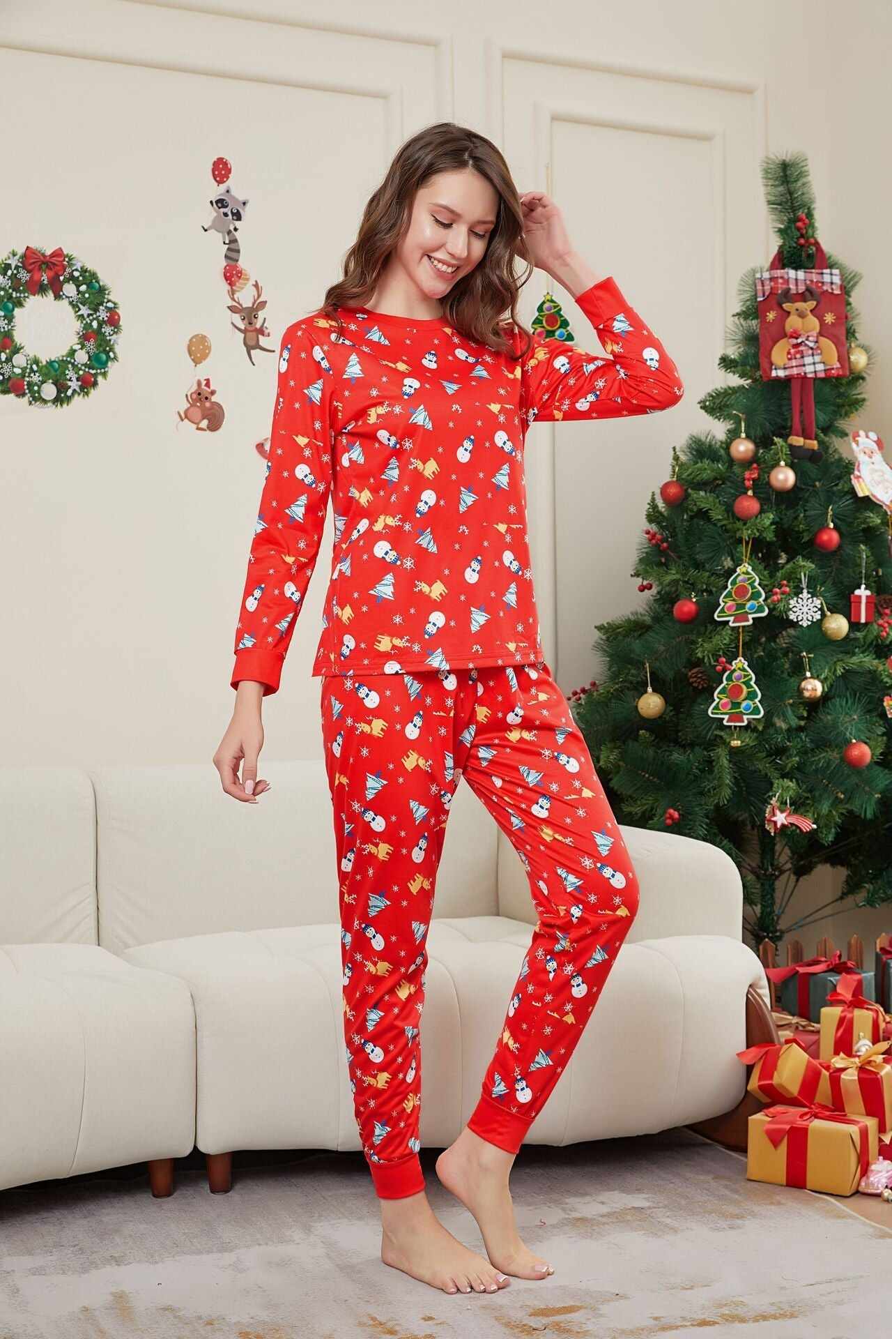 Family Parent-Child Christmas Tree Snowman Deer Printed Pajamas Set