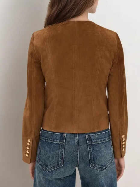 Brown Suede Single-breasted Cropped Jacket