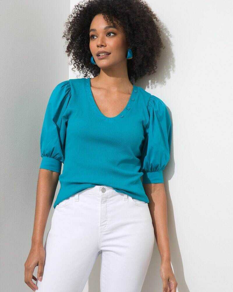 Puff Sleeve Ribbed Henley Tee Pagoda Blue