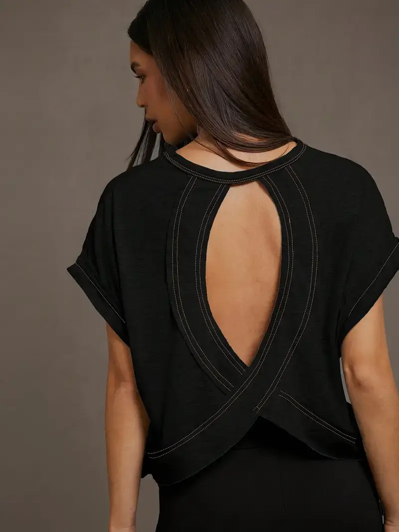 Women's Plain Cut Out Asymmetrical Hem Batwing Sleeve Tee, Elegant Casual Short Sleeve Round Neck T-Shirt for Summer, Ladies Clothes for Daily Wear
