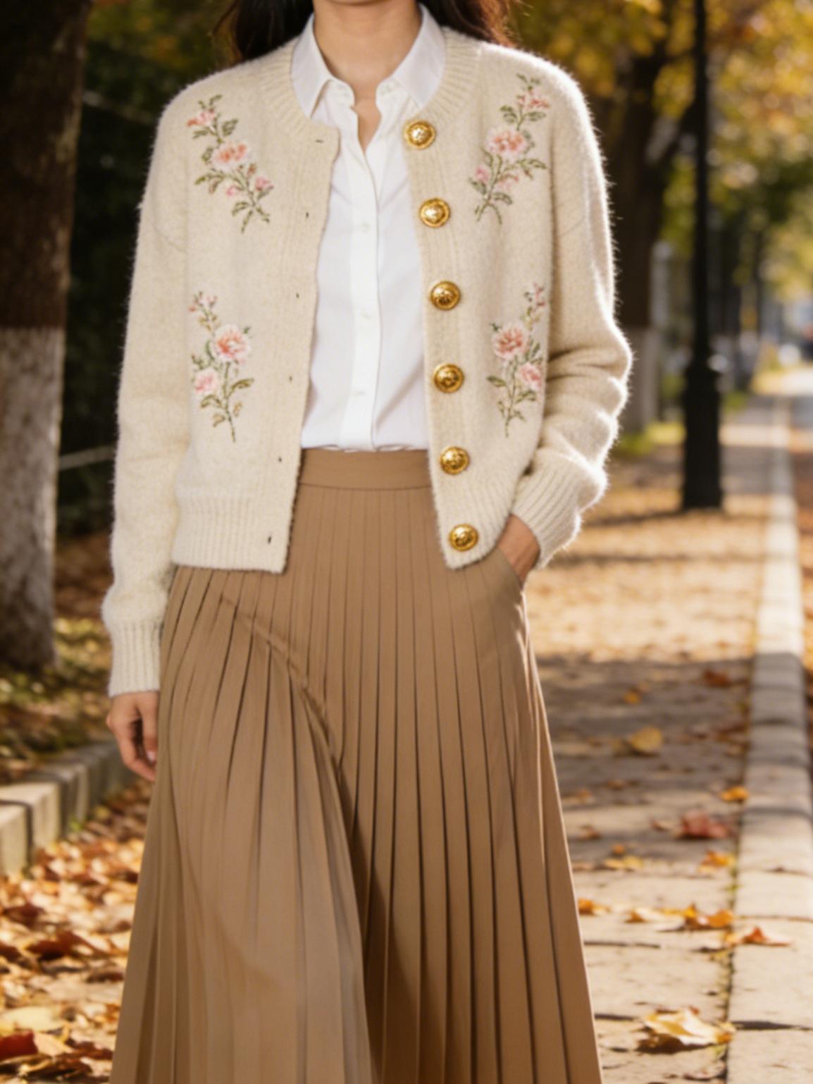 New Beige Embroidered Button Patchwork Cashmere Knit Coats Fall