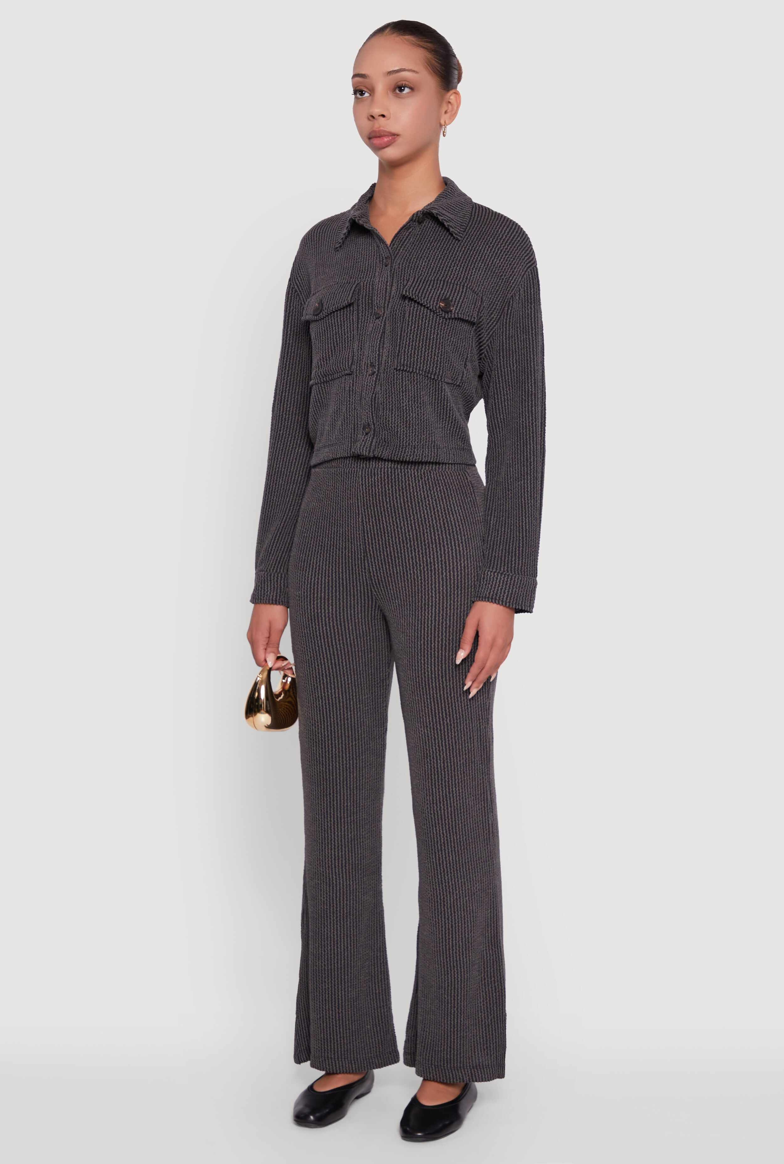 Rib Knit Shadow Stripe Button Front Cropped Shirt