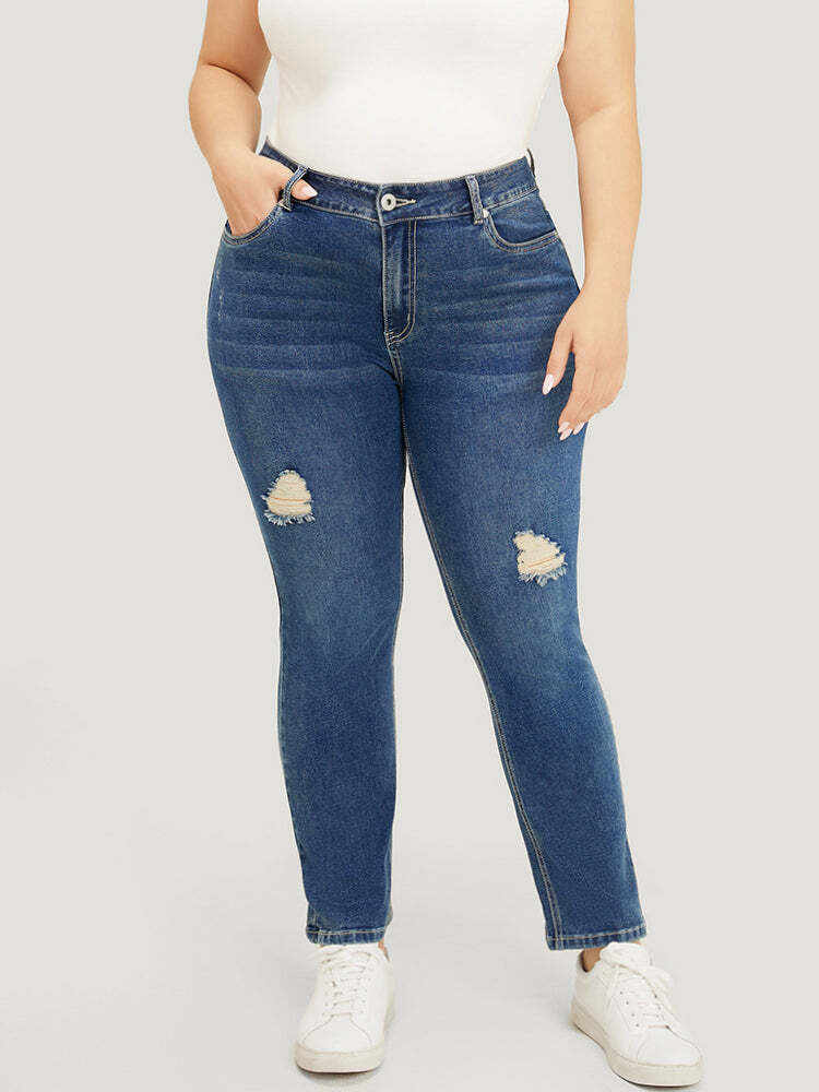 Straight Leg Very Stretchy High Rise Medium Wash Jeans