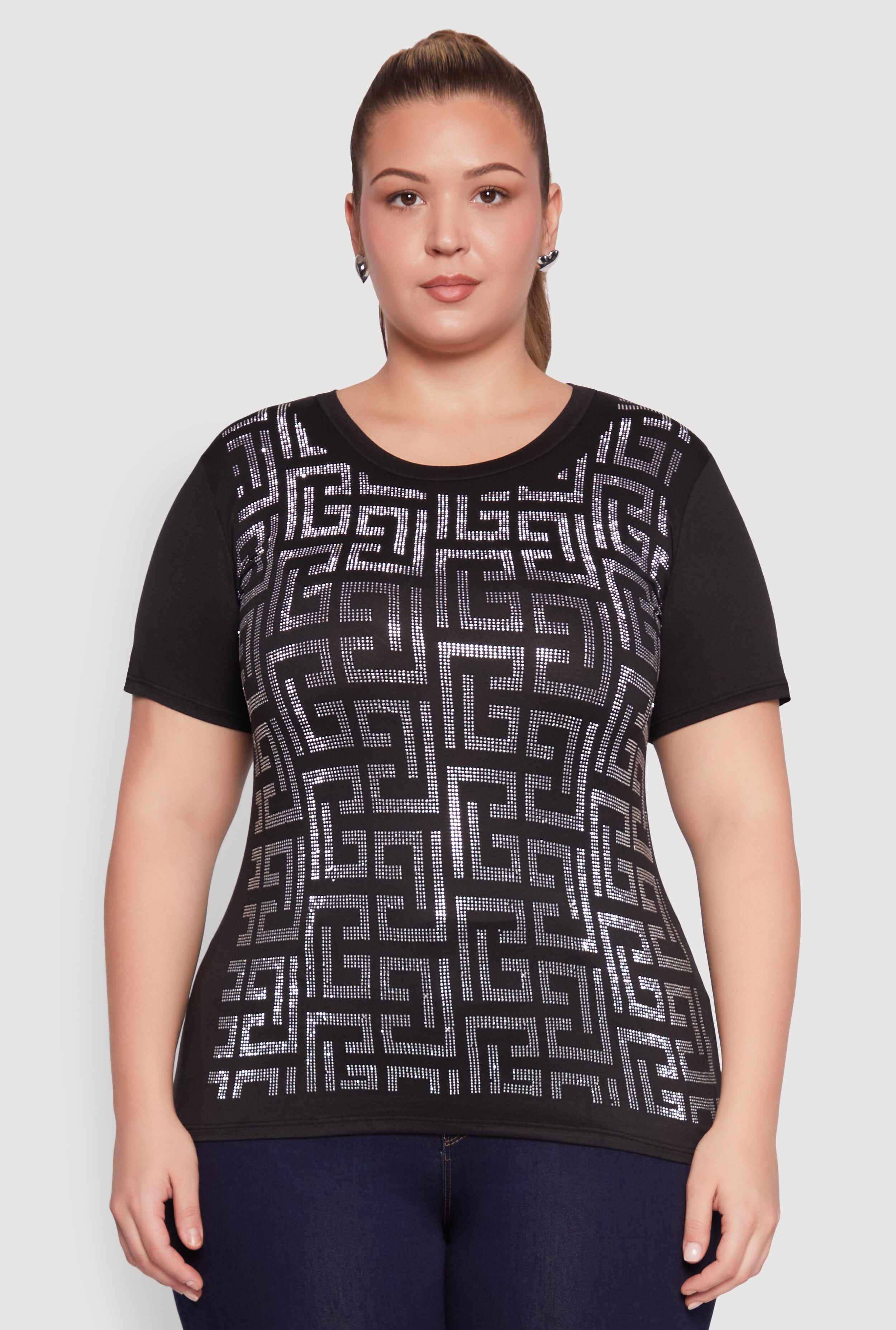 Plus Size Soft Knit Greek Key Rhinestone T Shirt