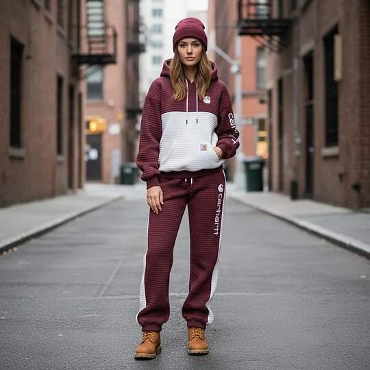 Quilted Hoodie and Jogger Set for Winter Outdoors- Red wine
