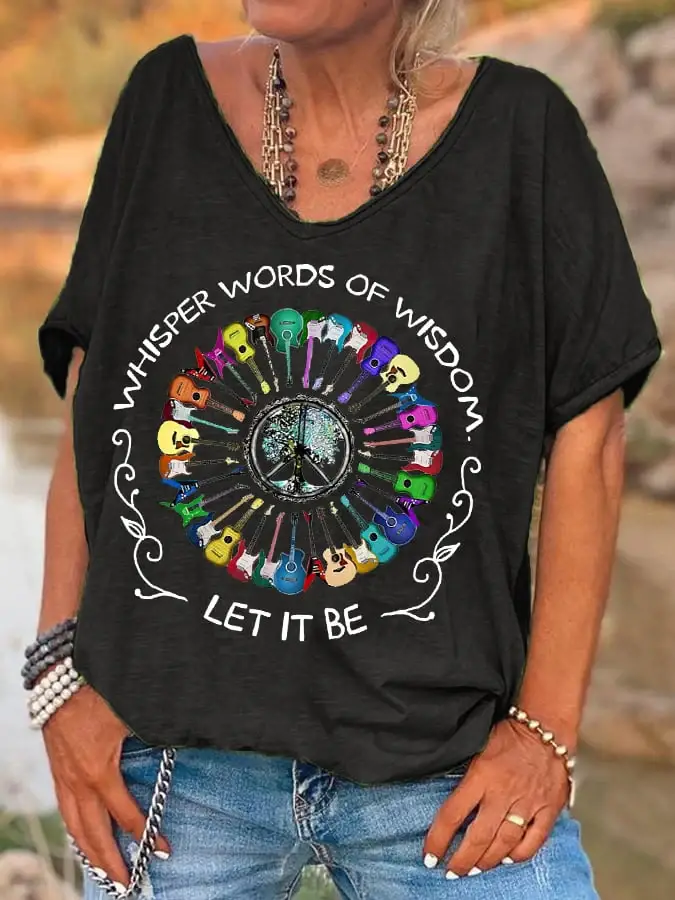 Women's Hippie Whisper Words Of Wisdom Let It Be Guitar Peace Casual V-Neck Tee