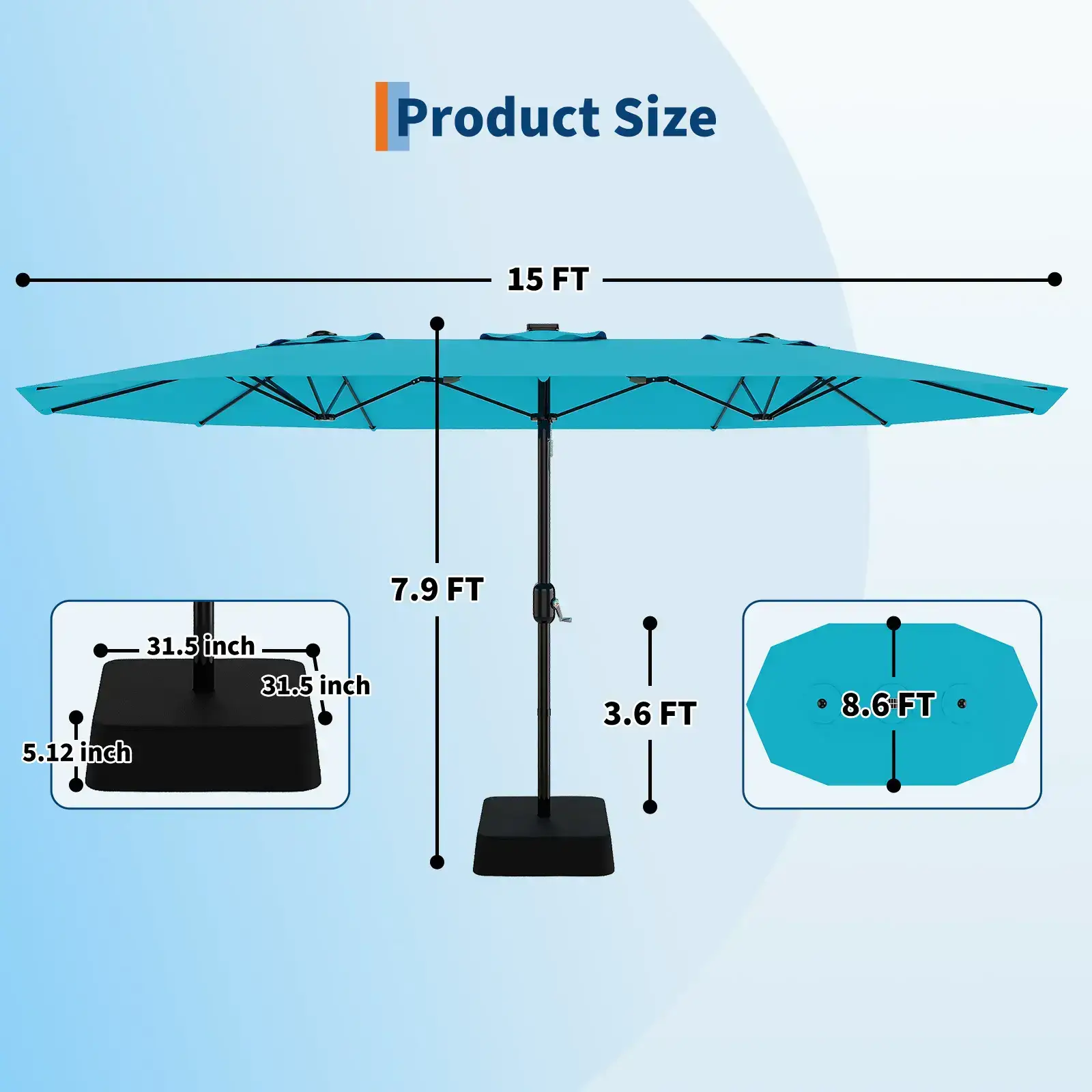 15ft Large Outdoor Patio Umbrella with Base – LED Light Option, Double-Sided, Crank Handle, Waterproof, Comes with Weighted Base and Sandbag, Accommodates 10 People