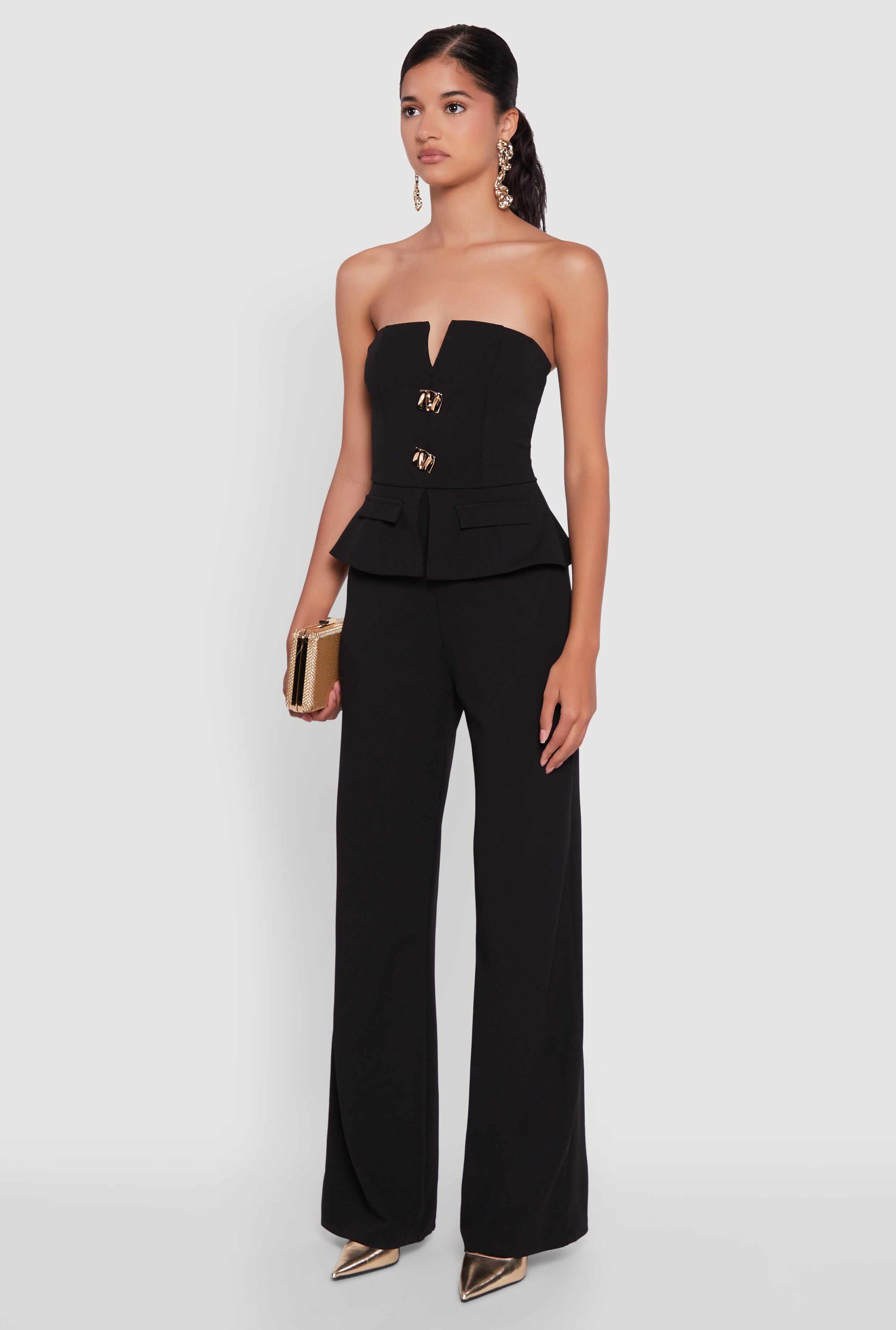 Metallic Button Faux Pocket Peplum Detail Wide Leg Jumpsuit