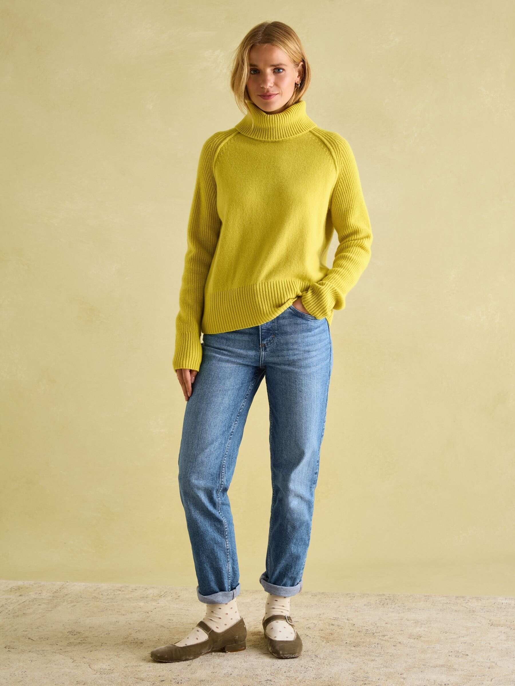 May Yellow Merino Wool Jumper with Detachable Roll Neck