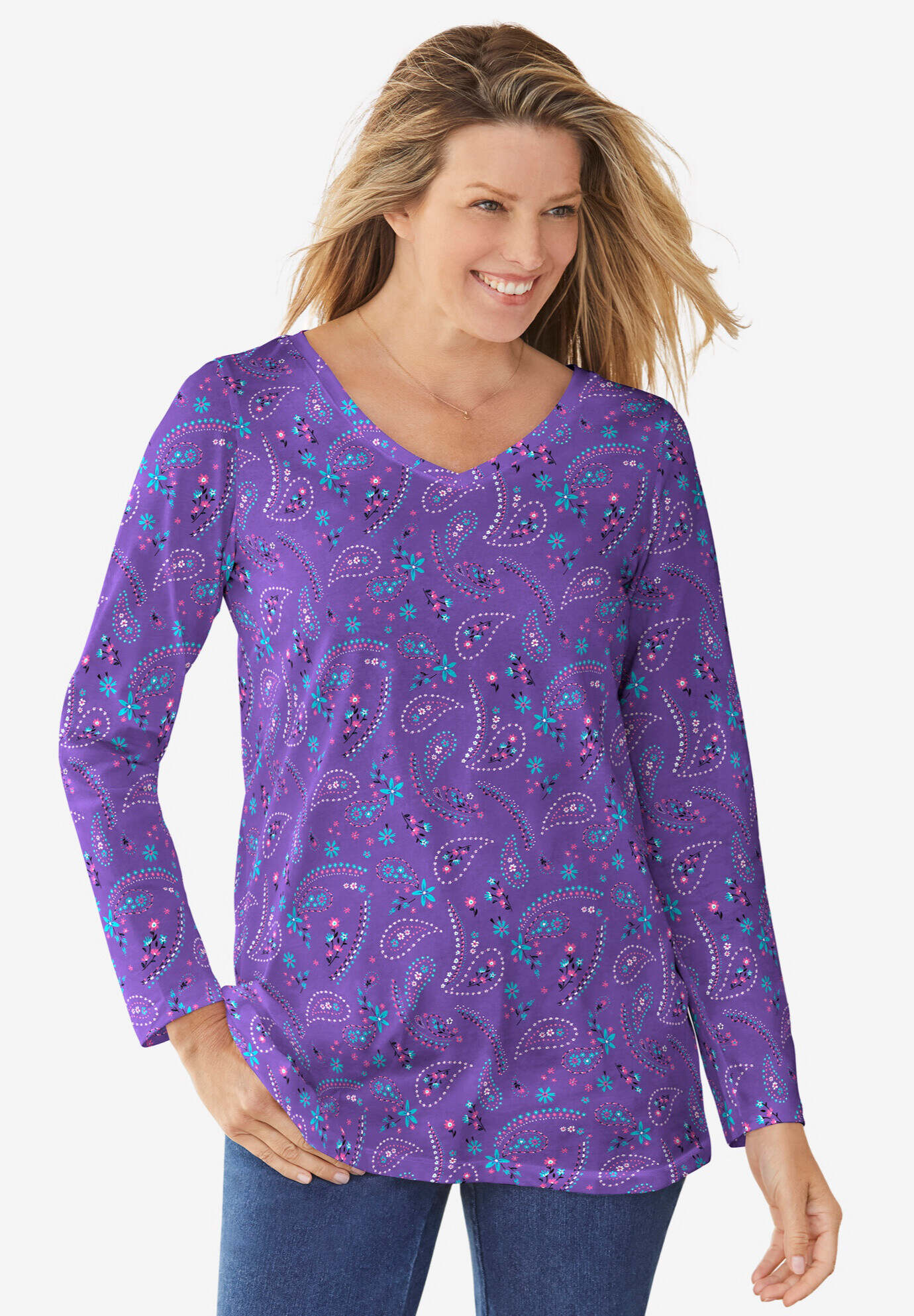 Perfect Printed Long-Sleeve V-Neck Tee