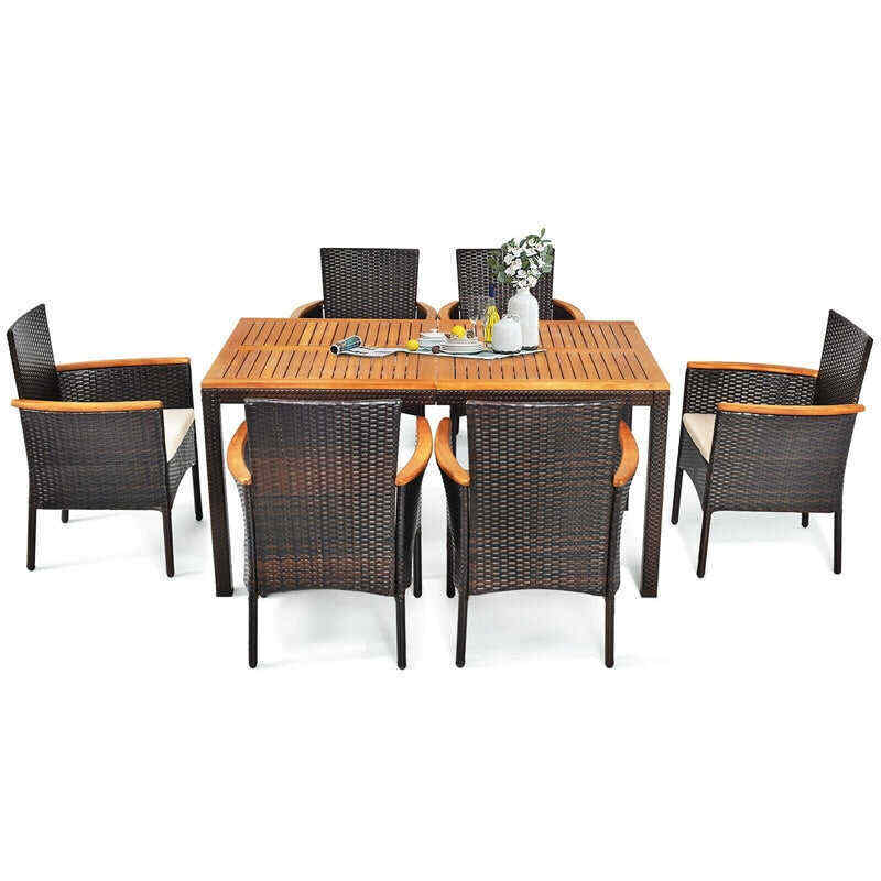 7 Piece Rattan Patio Dining Set with Acacia Wood Table & Stackable Wicker Chairs