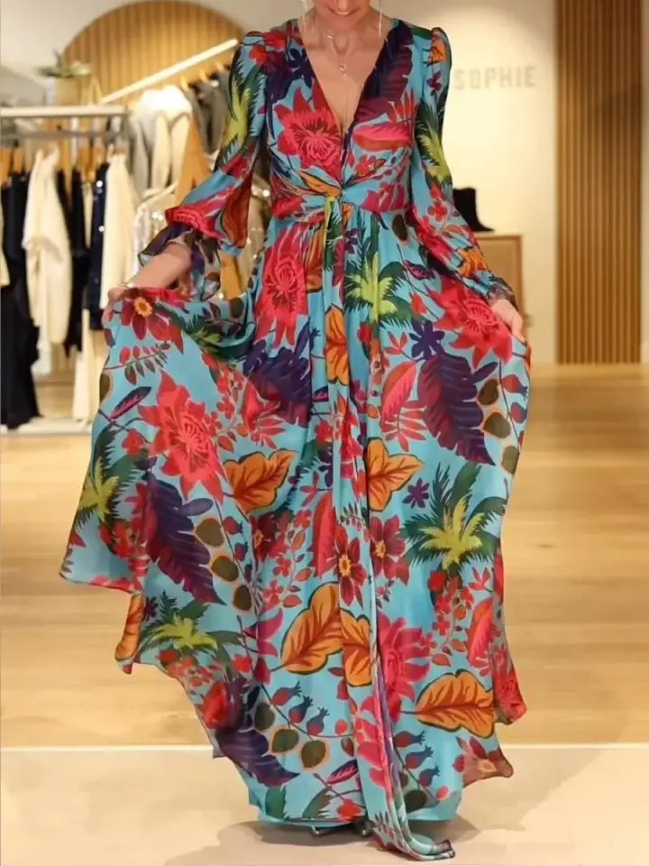🔥Summer Arrivals🌟Elegant Women's V-neck Floral Print Maxi Dress