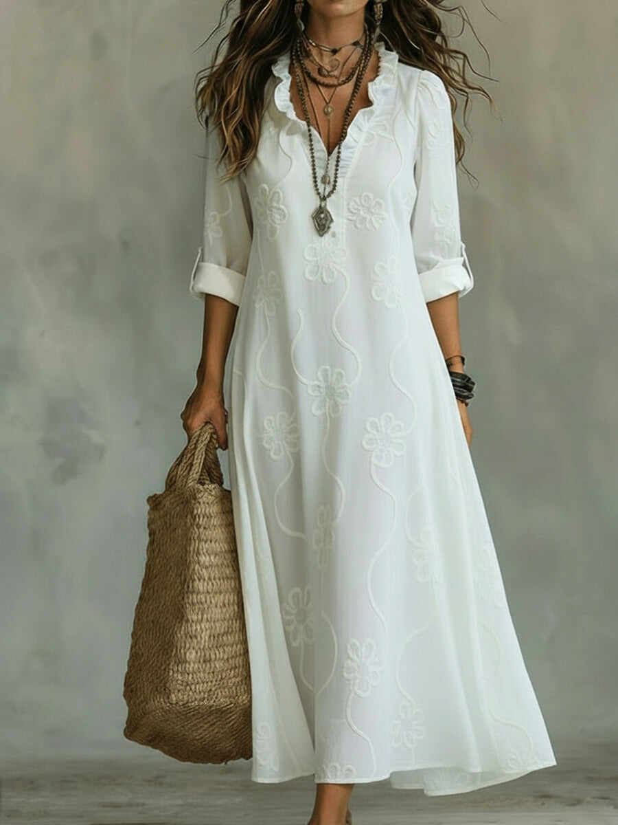 Casual Lace Embroidered Linen Maxi Dress