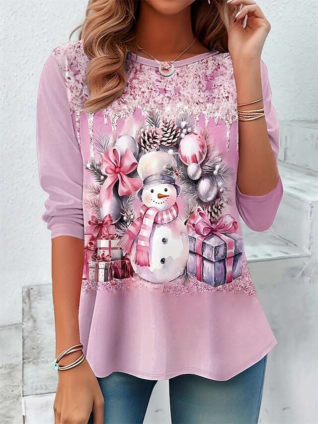 Women's T shirt Christmas Daily Casual Long Sleeve Pink Spring Fall