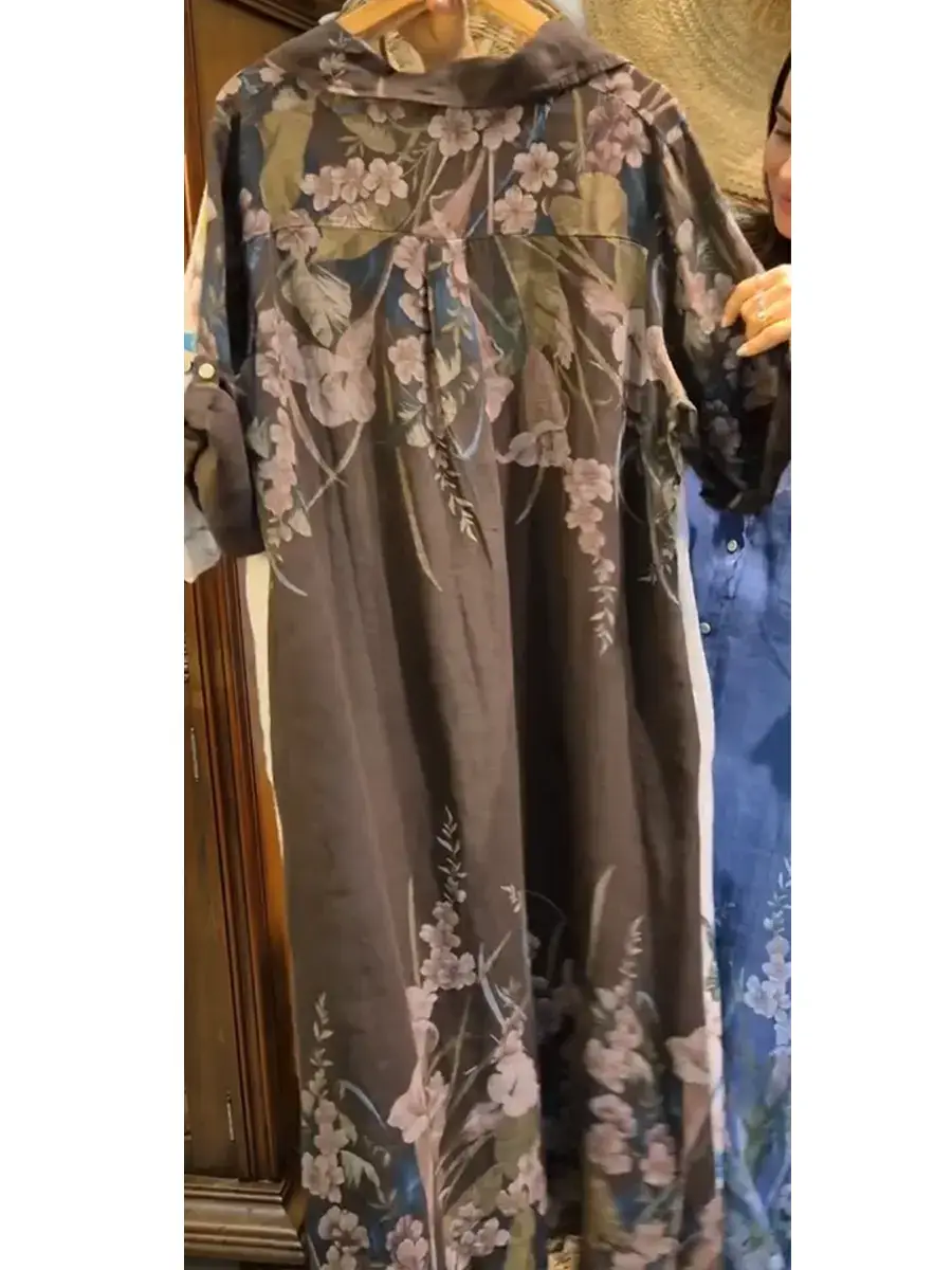 🔥Summer Arrivals🌟Women's Loose Casual Floral Print Cotton Linen Shirt Dress