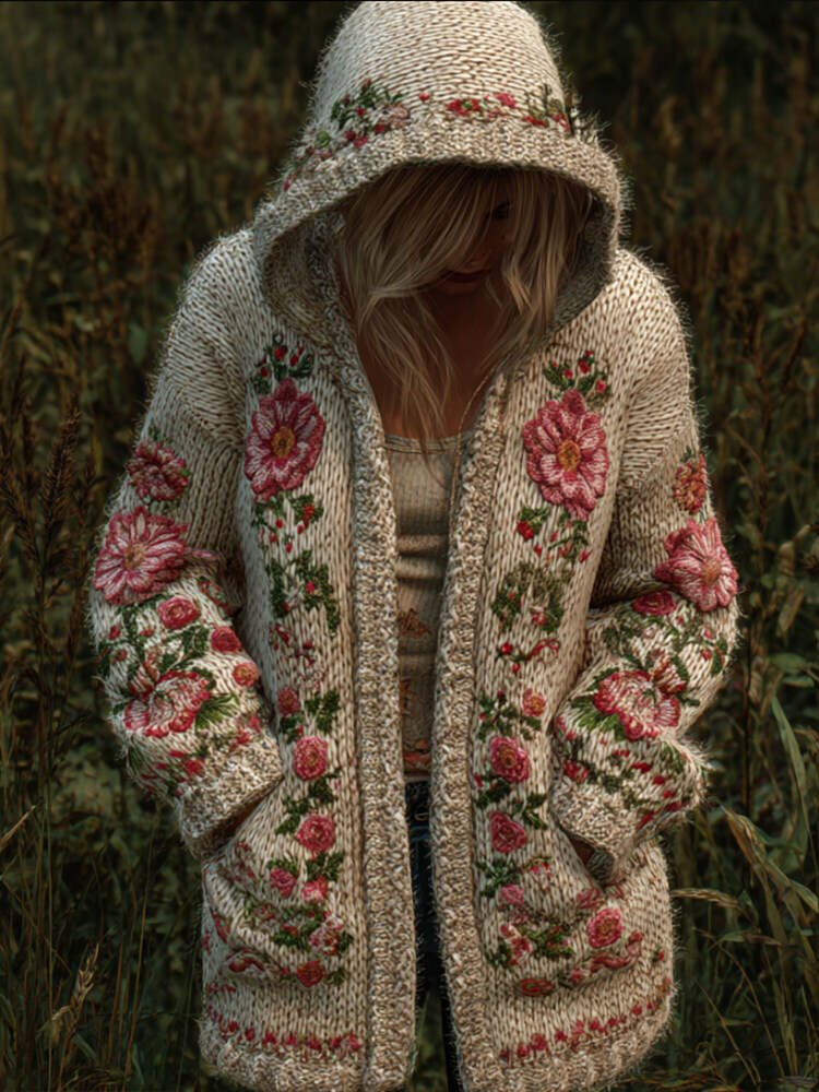 Women's Flower-patterned Casual Vintage Hooded Mid-length Sweater