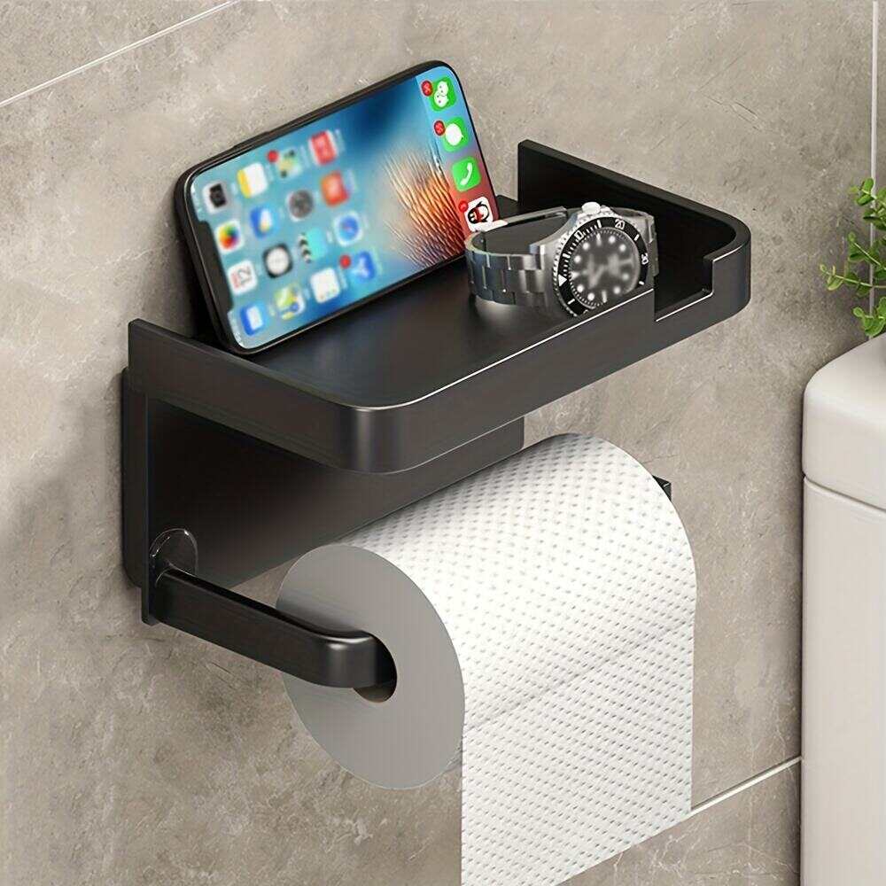 1pc Toilet Paper Storage Rack, Bathroom Wall-mounted Stainless Steel Holder, Non-punching Adhesive Tissue Box Shelf, Dual-purpose Storage Rack, Mobile Phone Holder, Toiletry Organizer Bracket, Bathroom And Toilet Supplies