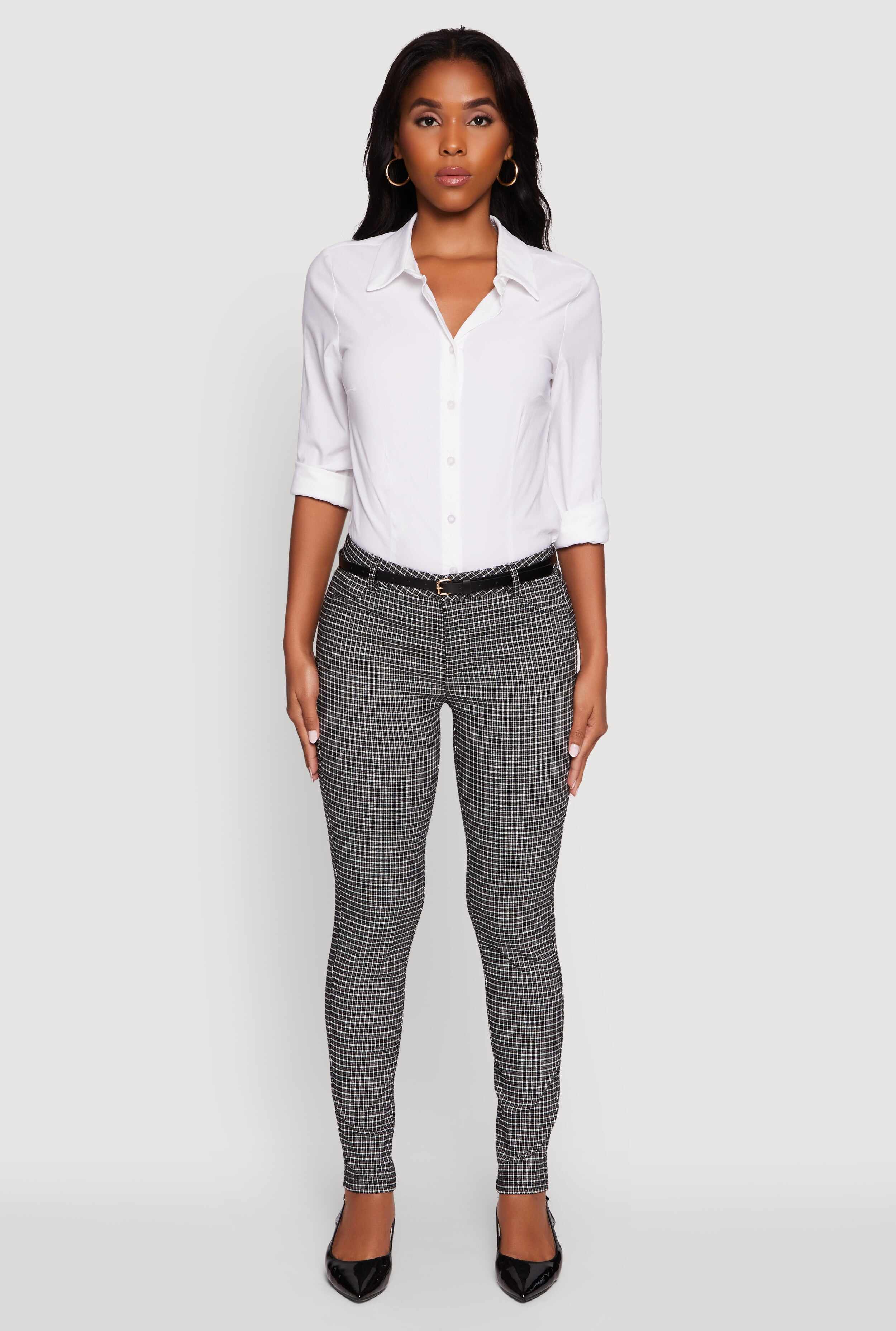 Plaid Skinny Leg Dress Pants with Belt