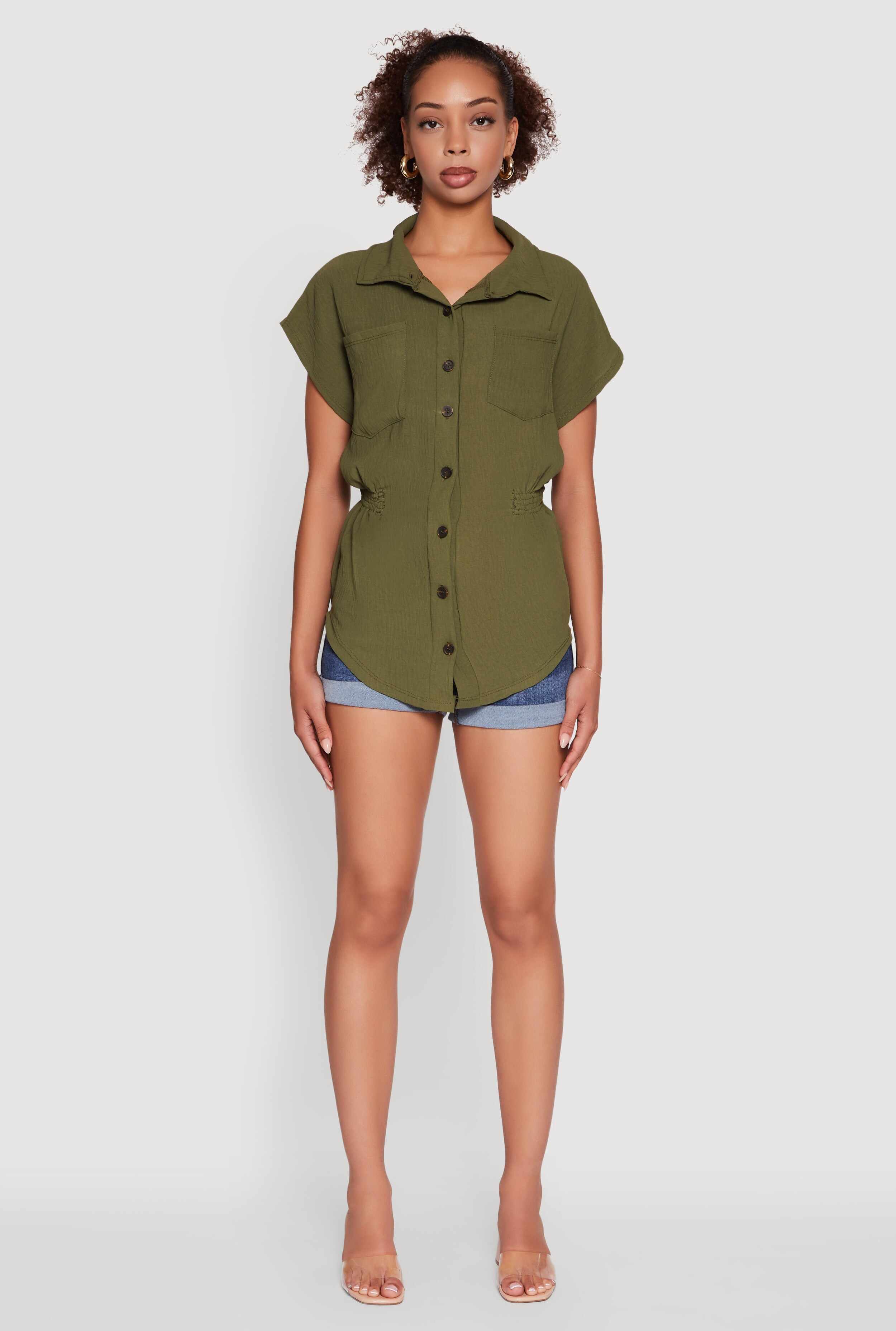 Trendy Smocked Side Button Front Shirt