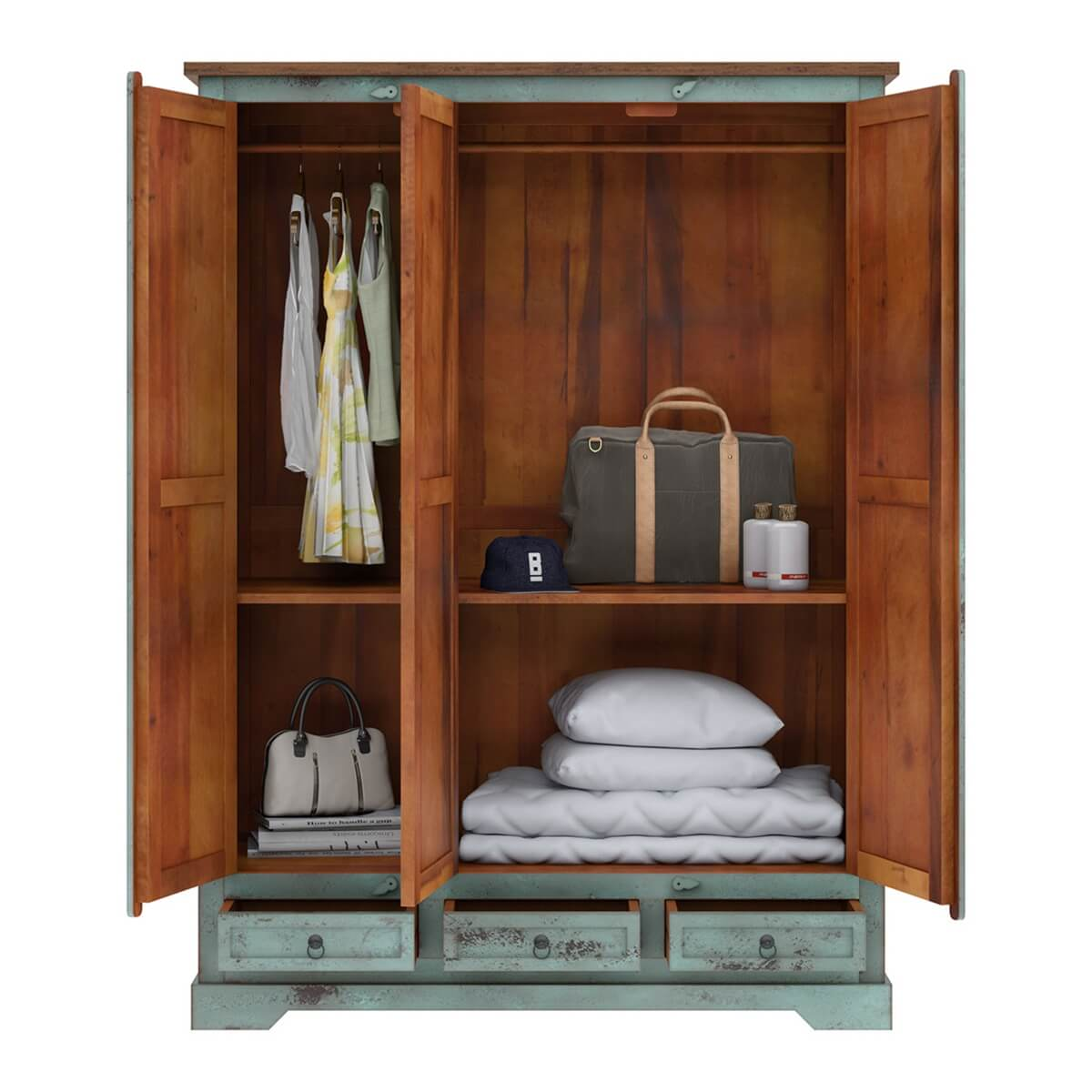 Scranton Two Tone Solid Wood Armoire Wardrobe with Hanging Rod & Shelves