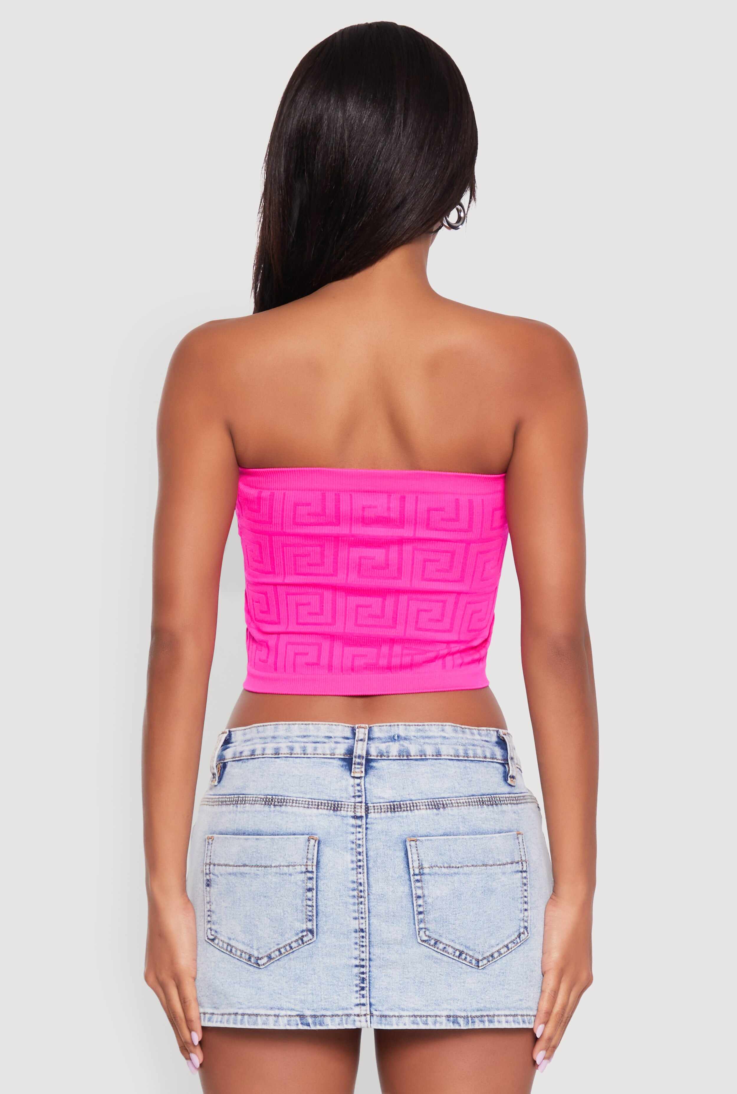 Trendy Greek Key Rib Knit Cropped Tube Top