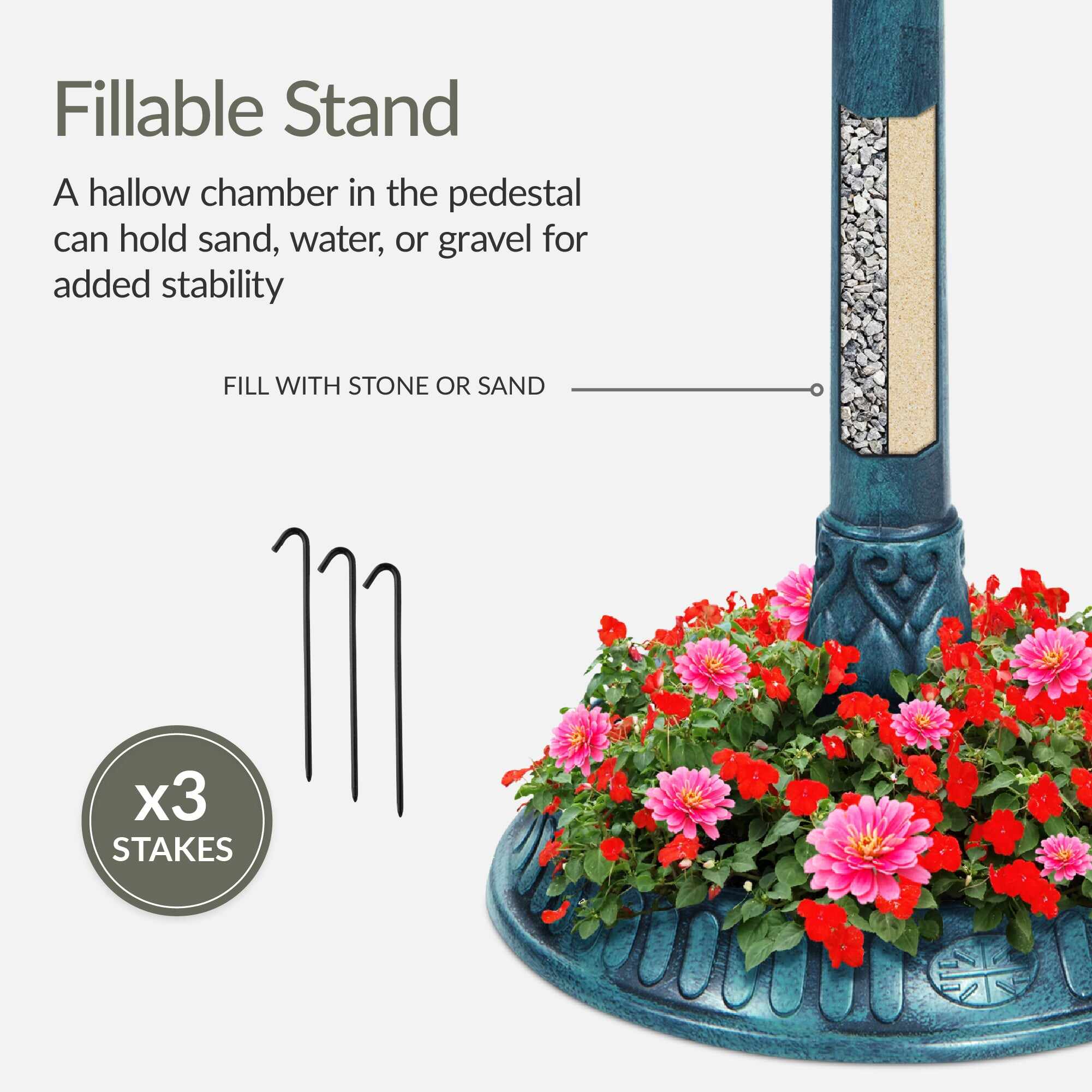 Solar Lighted Outdoor Pedestal Bird Bath w/ Planter, Decorative Bird Cage