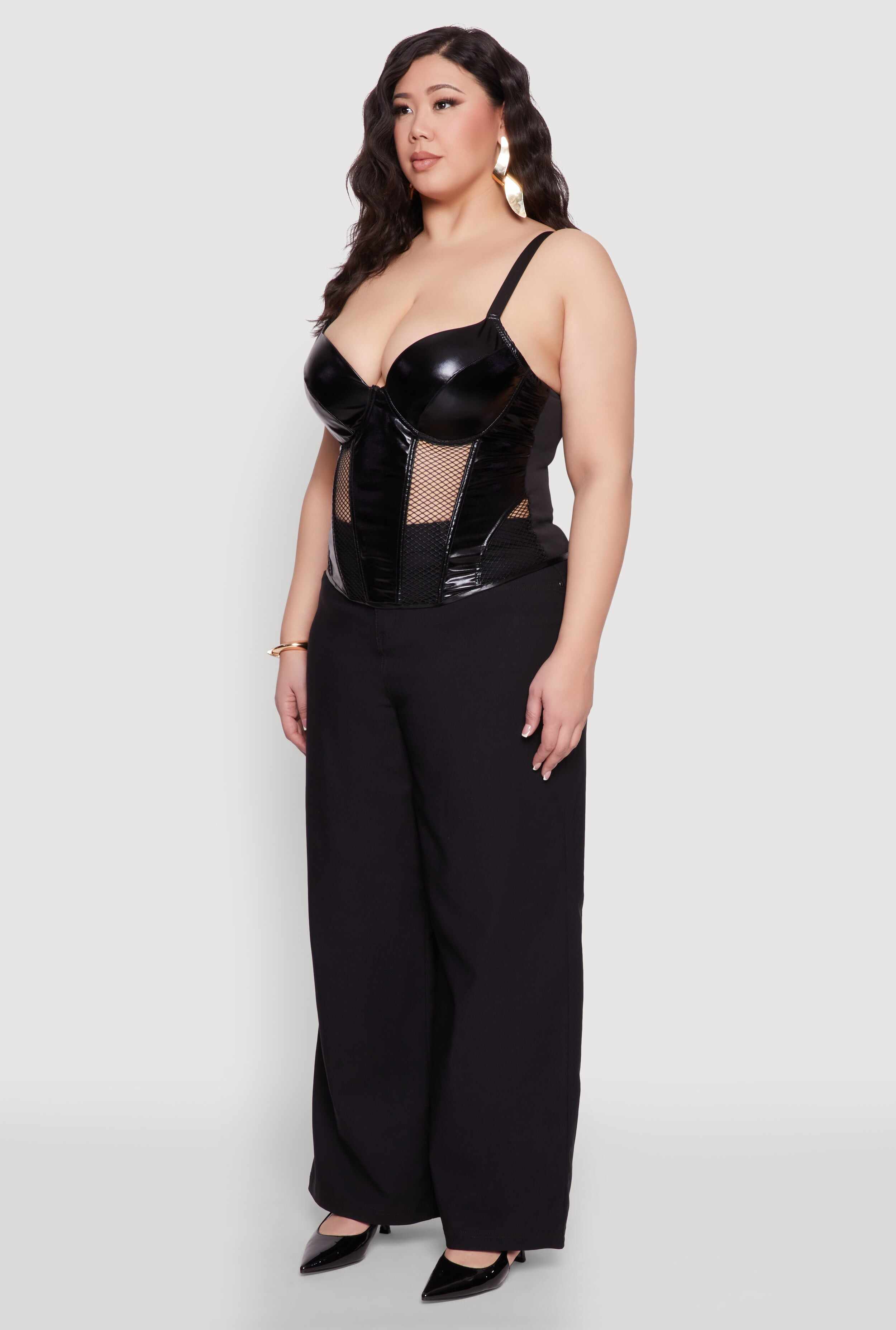 Plus Size Fishnet Cutout Faux Leather Look Bustier Top