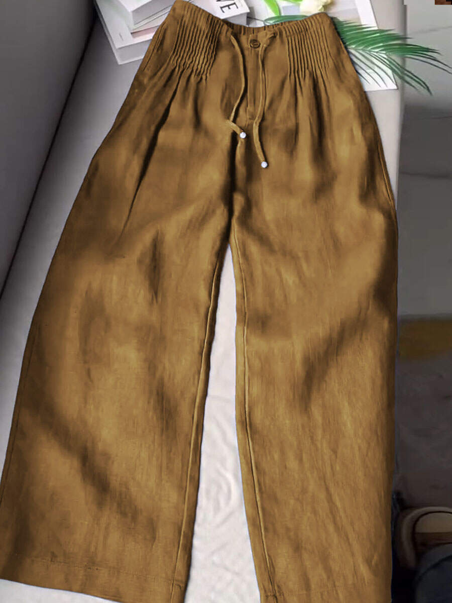 🔥Summer Arrivals🌟Women's Solid Color Pleated Drawstring Casual Cotton and Linen Wide Leg Pants