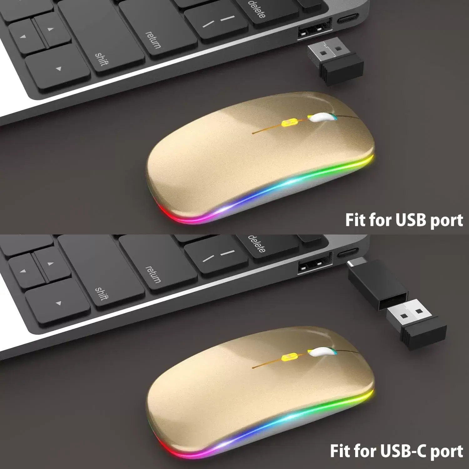 [Upgrade] LED Wireless Mouse, Slim Silent Mouse 2.4G Portable Mobile Optical Office Mouse with USB & Type-c Receiver, 3 Adjustable DPI Levels for Notebook, PC, Laptop, Computer, MacBook (Pink)