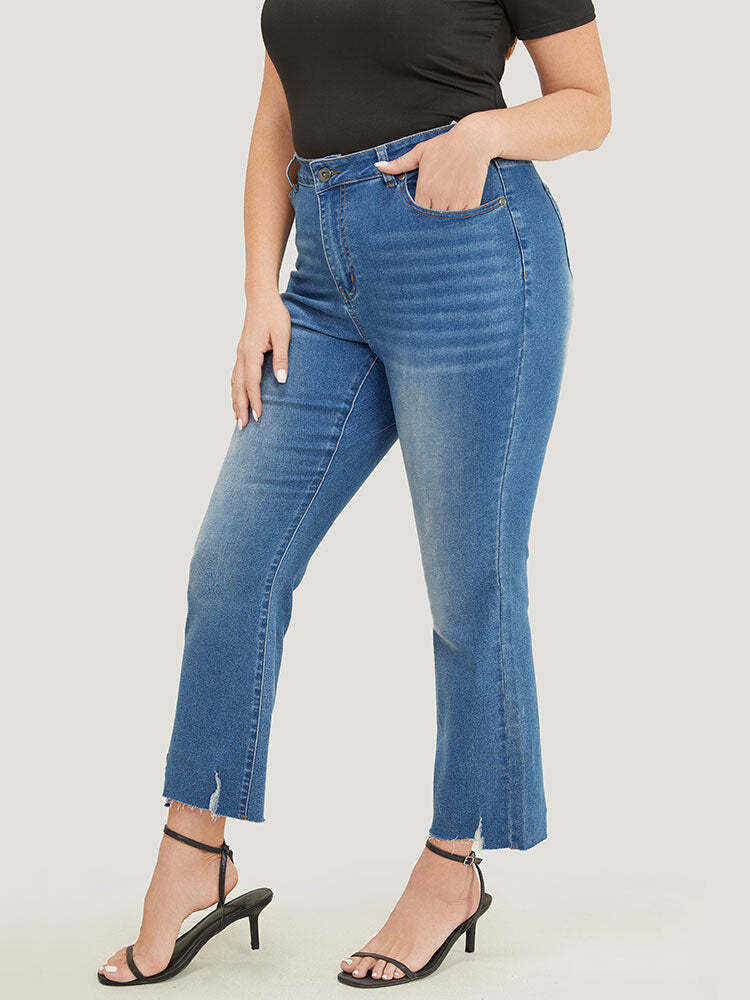Bootcut Very Stretchy High Rise Medium Wash Distressed Hem  Jeans