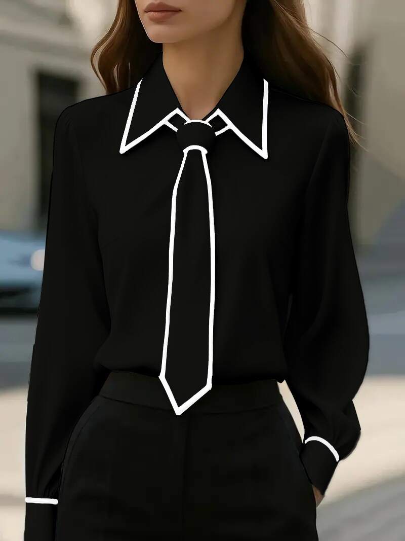 Chic Contrast Trim Tie-Neck Blouse