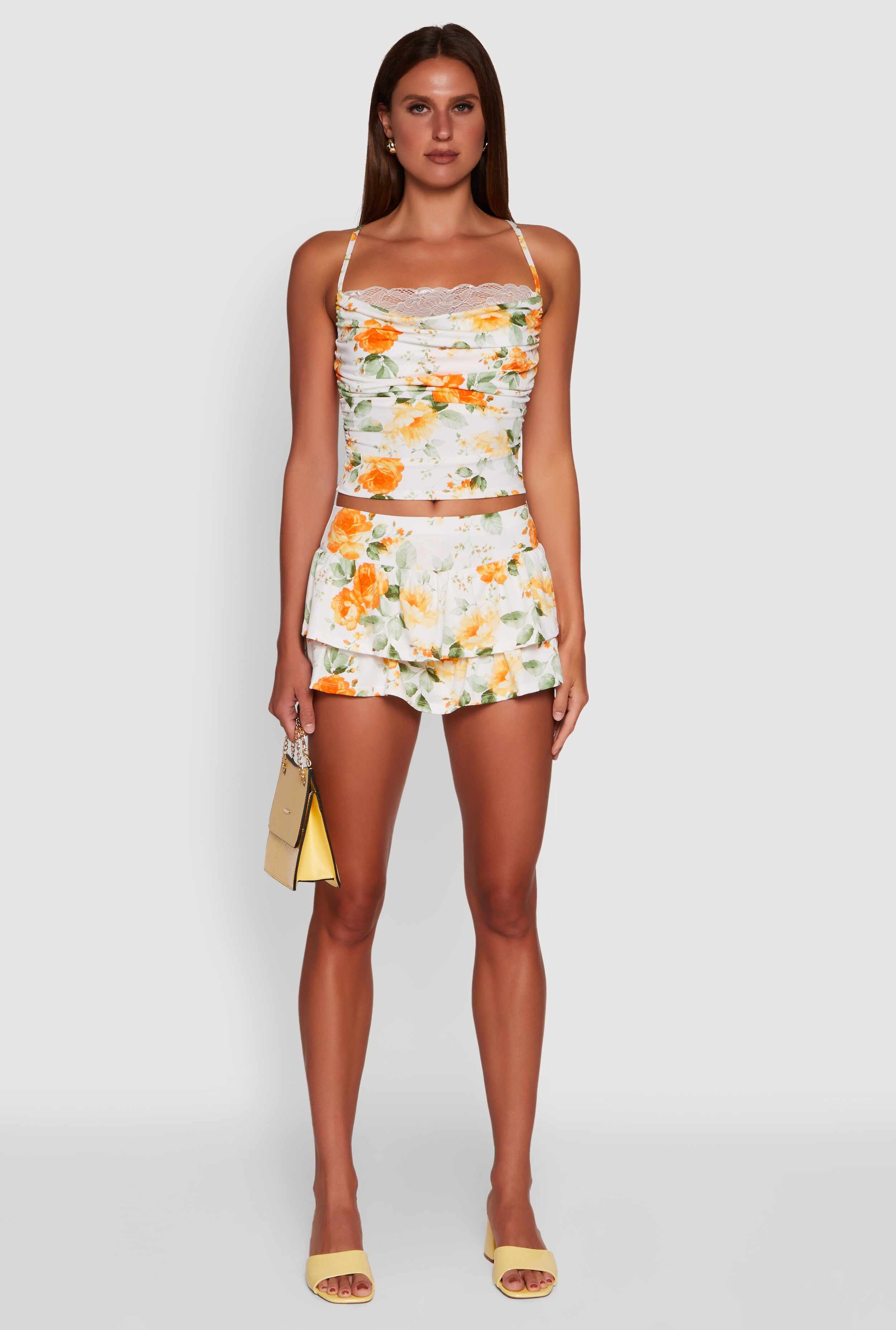 Haute Monde Floral Print Lace Detail Crop Top