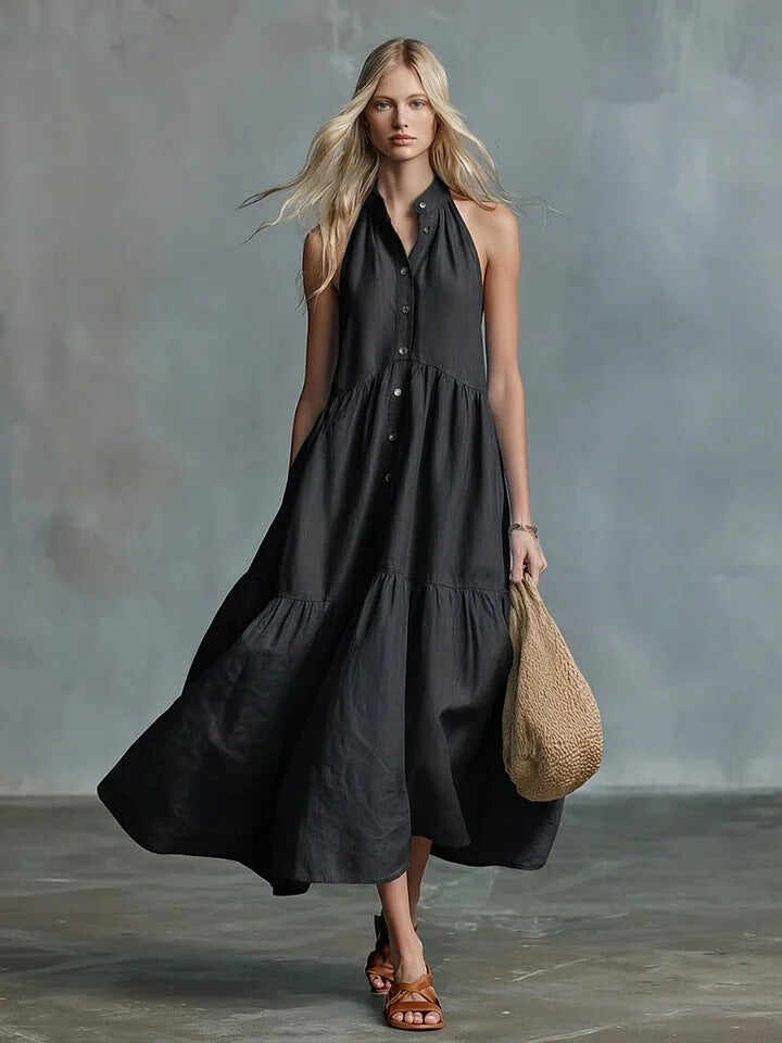 Sleeveless Casual Loose Linen Button Vest Dress