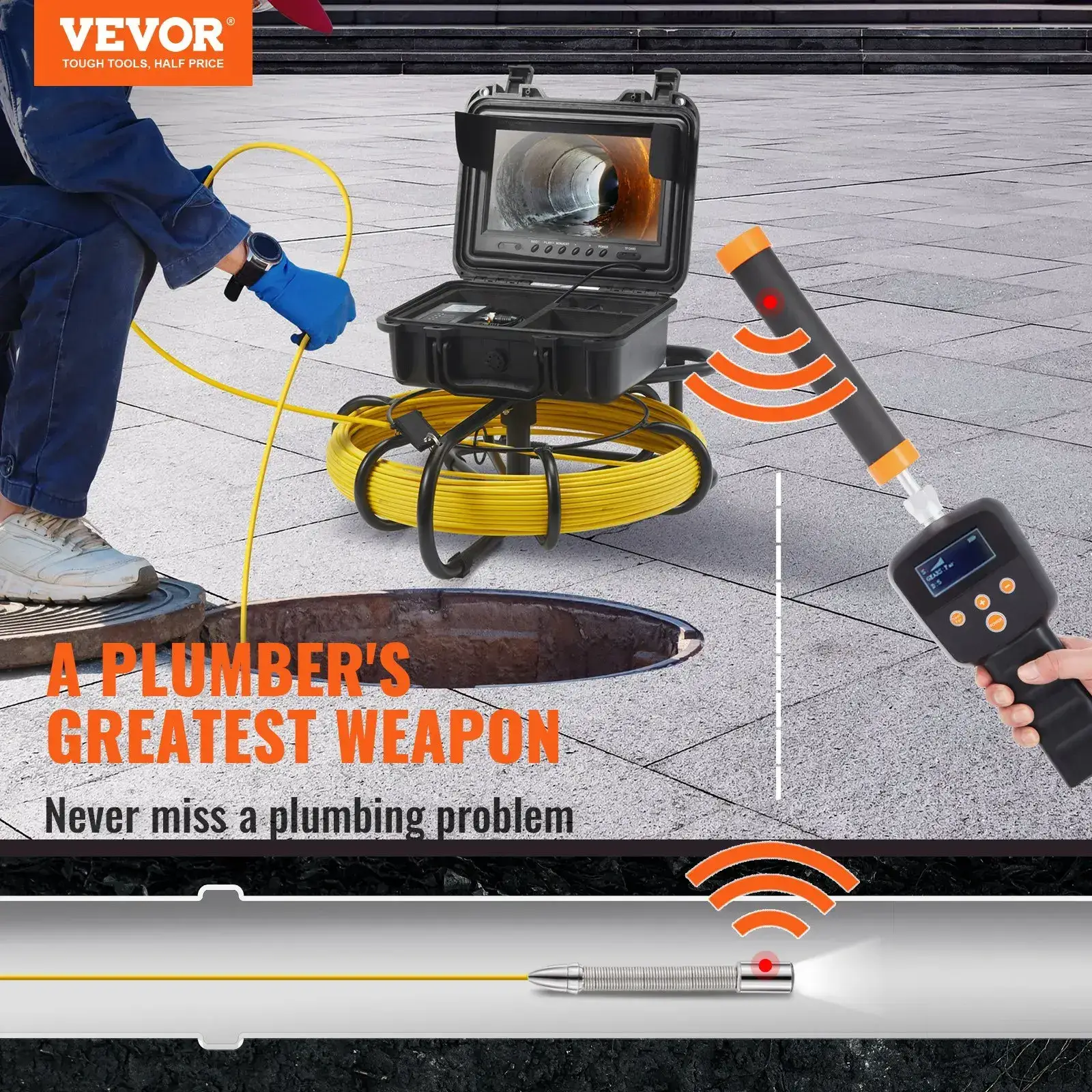 Sewer Camera,  Pipeline Inspection Camera with DVR Function, IP68 Camera with 12 Adjustable LEDs, A 16 GB SD Card for Sewer Line, Home, Duct Drain Pipe Plumbing